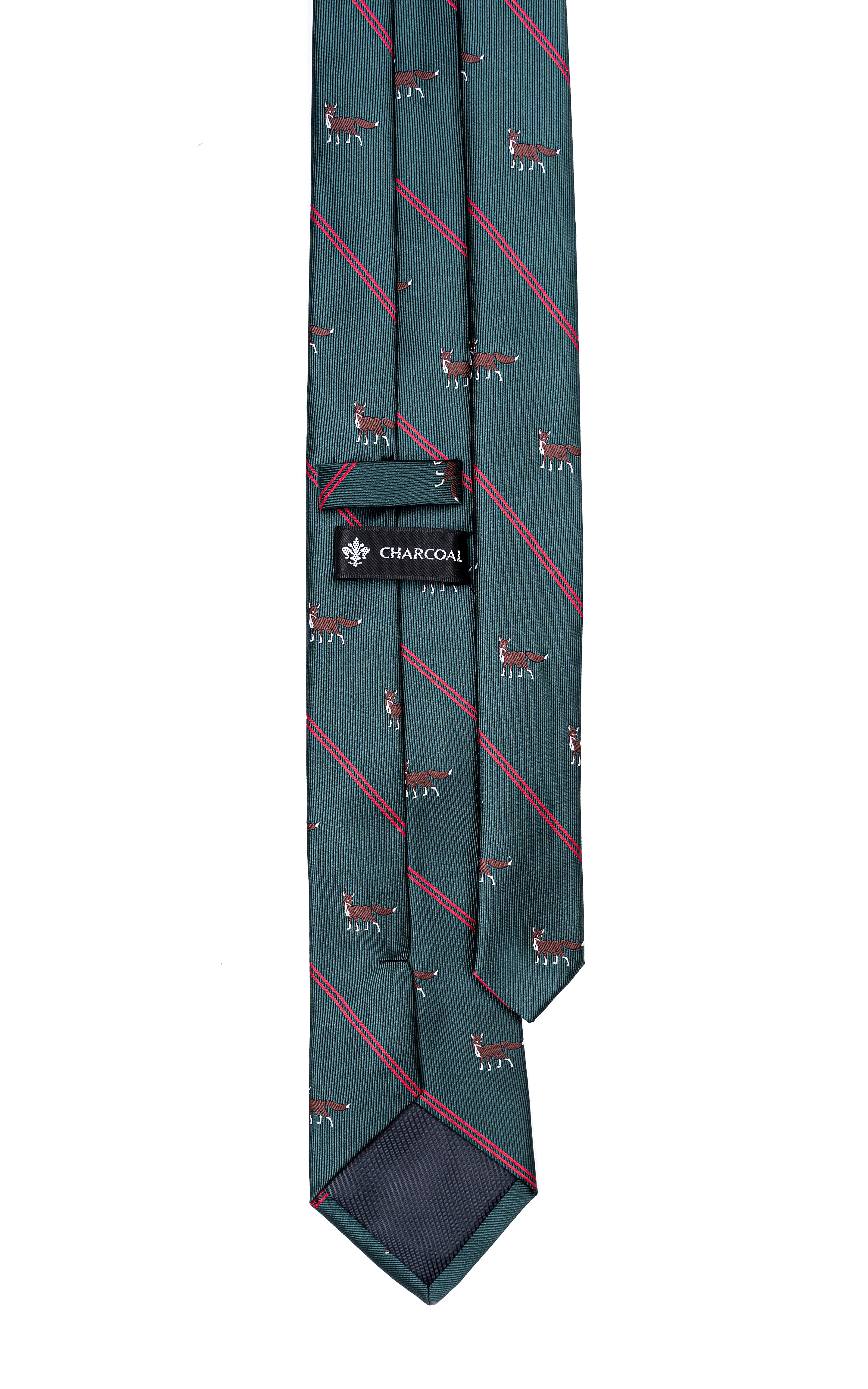 Poly silk tie detail, dark teal with red lines, dog print and 'CHARCOAL' label