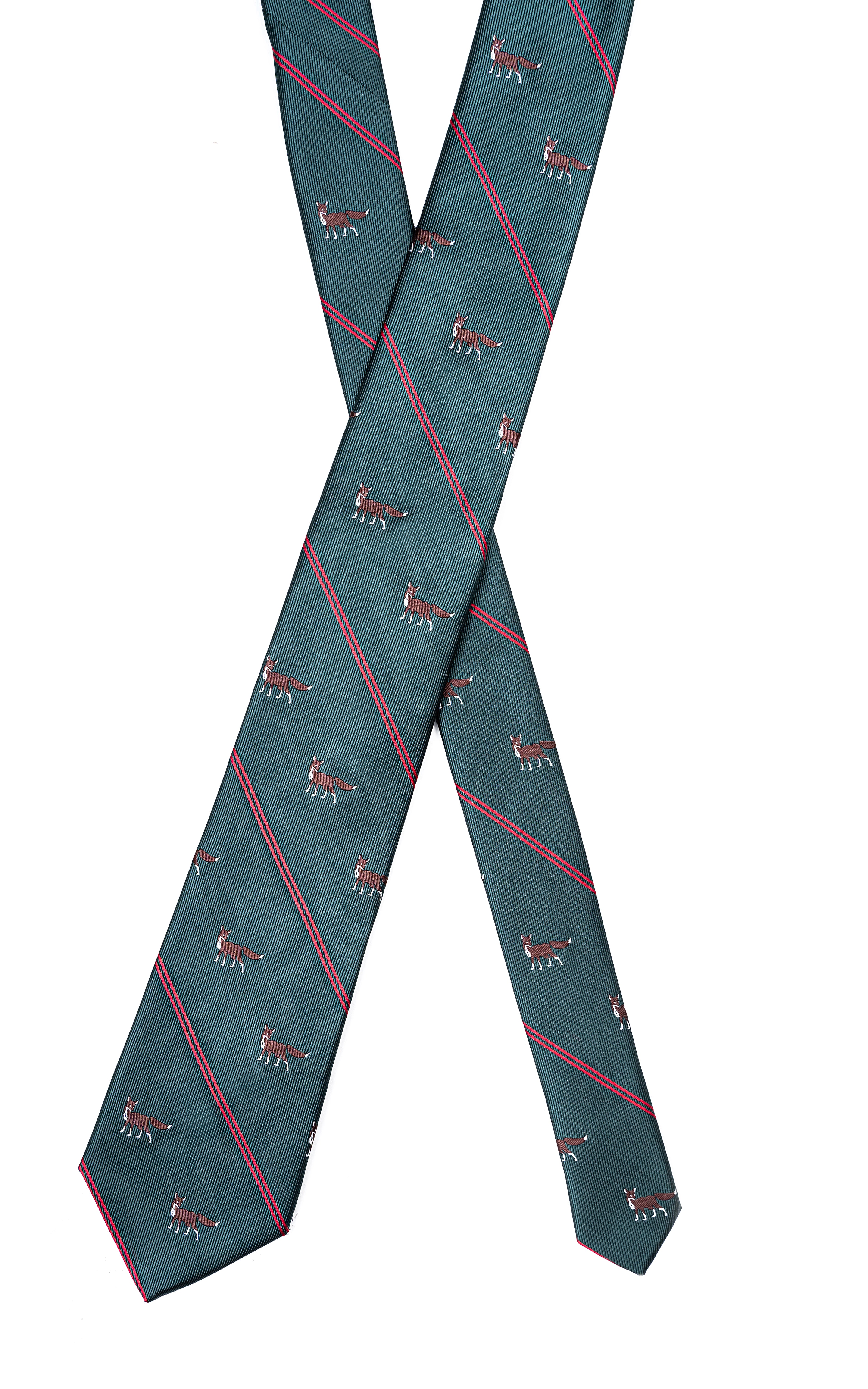 Poly silk tie flat lay, dark teal with red diagonal stripes and dog motifs