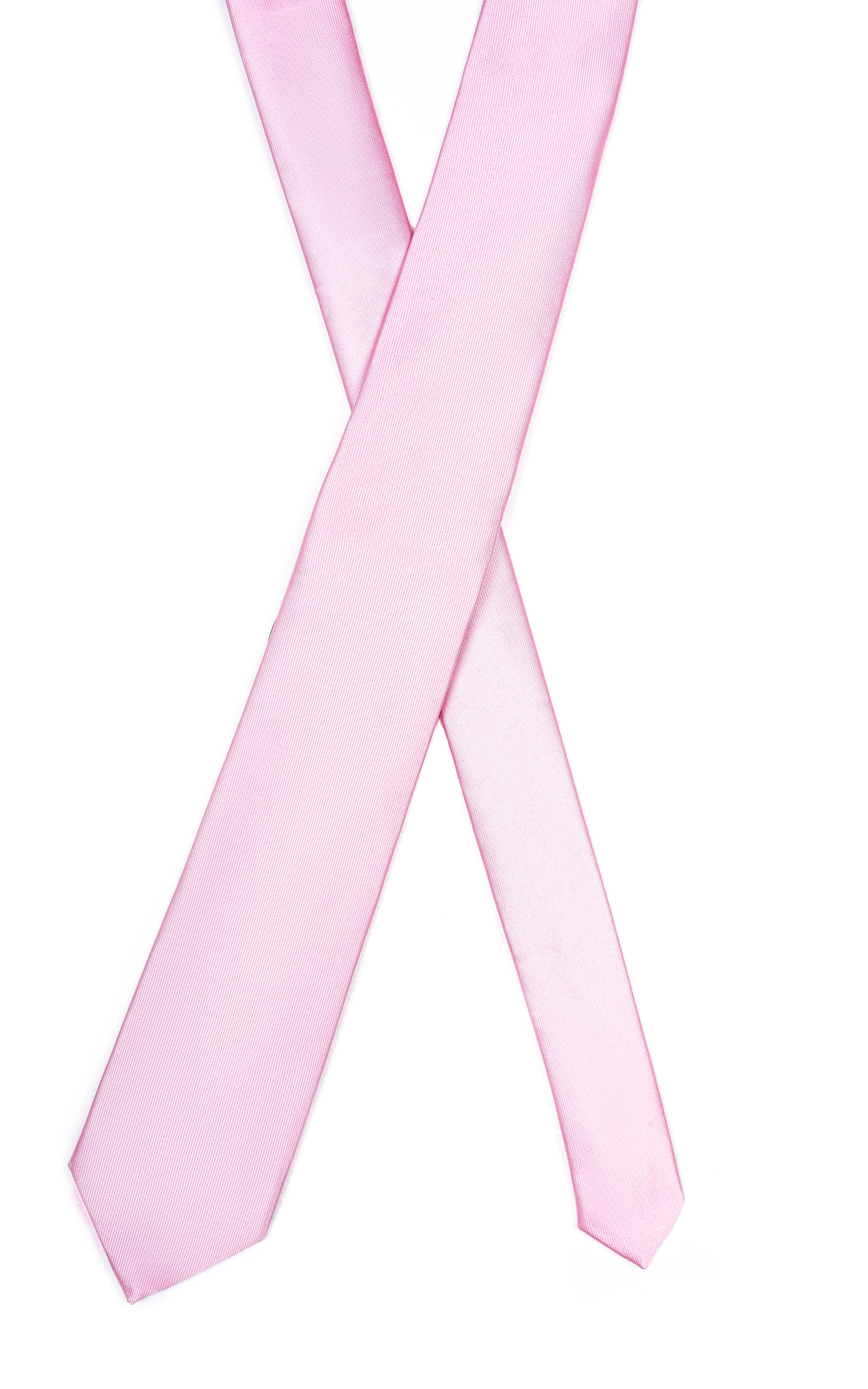 Light pink poly silk tie draped and crossed, with pointed tips