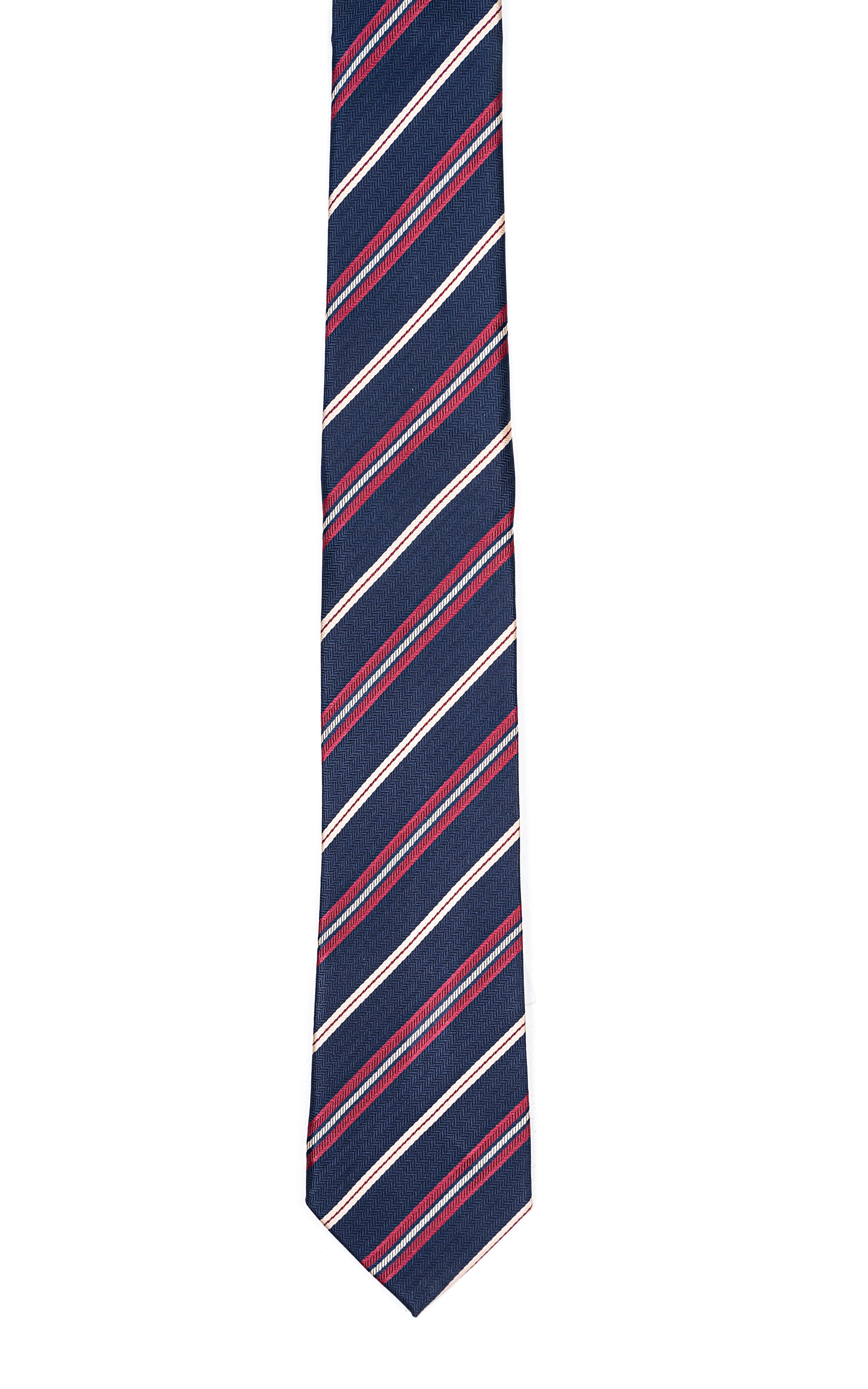 Navy poly silk tie featuring thin red, cream, and blue diagonal stripes