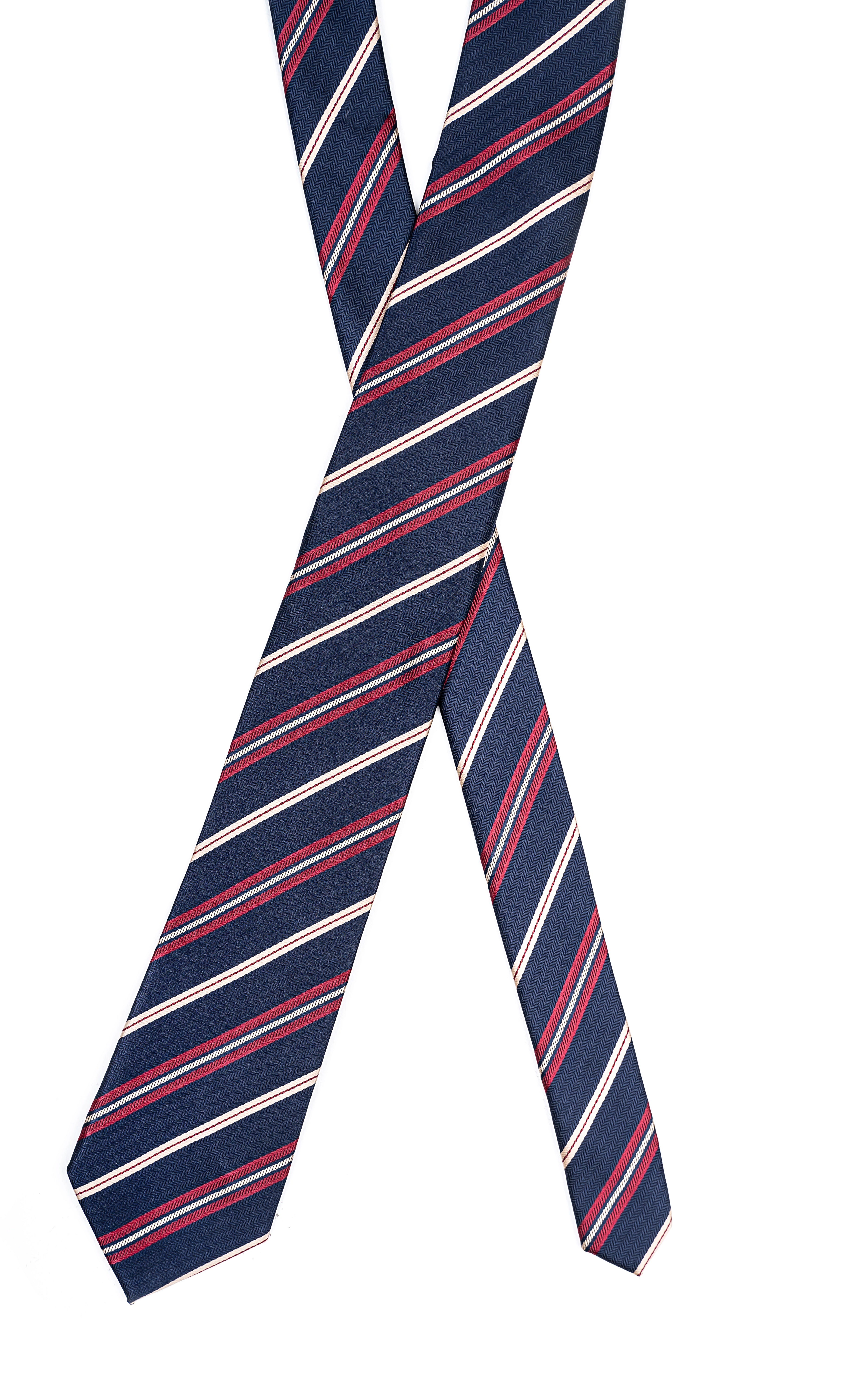 Navy poly silk tie with red and cream diagonal stripes