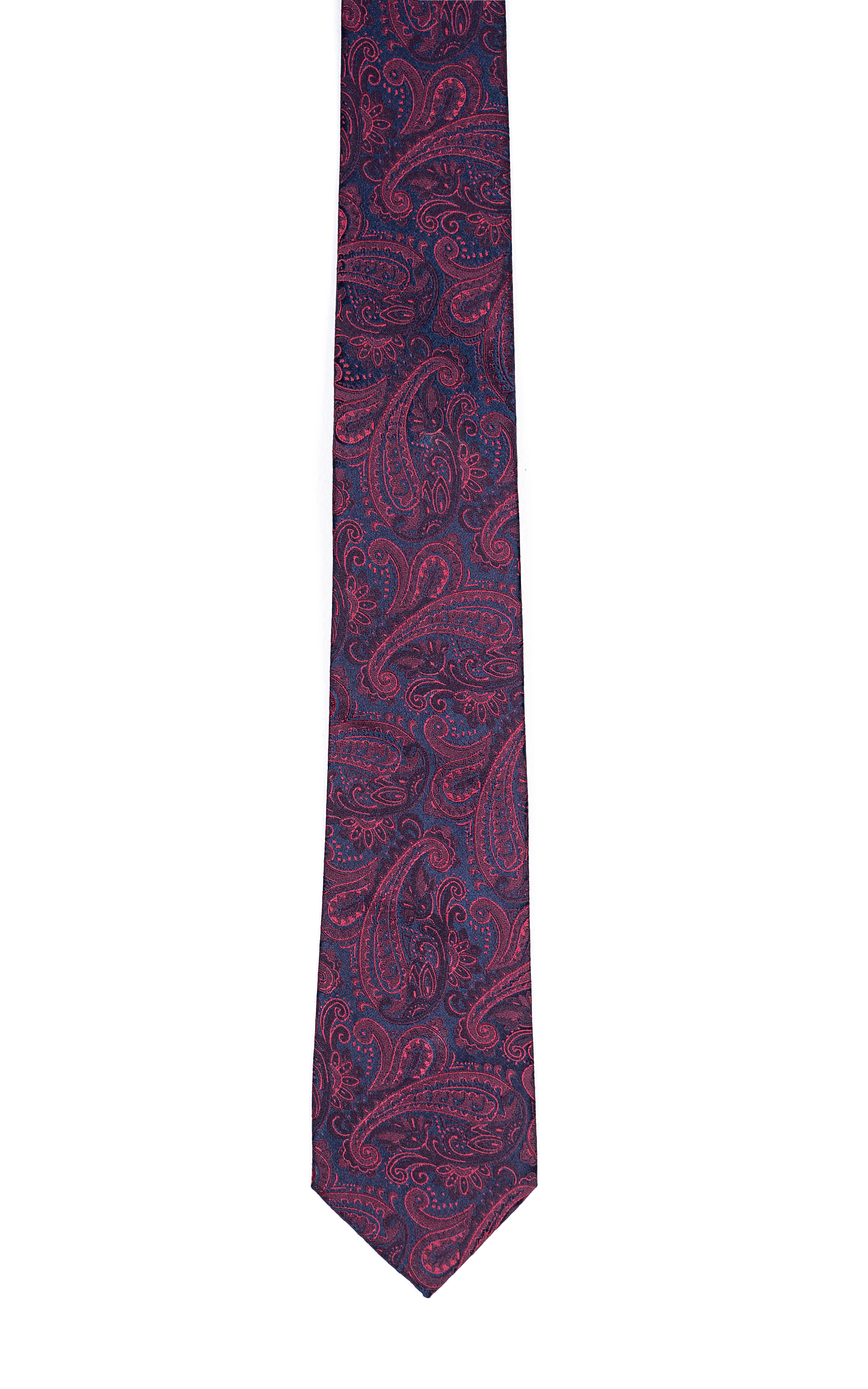 Poly silk tie in burgundy with navy paisley pattern