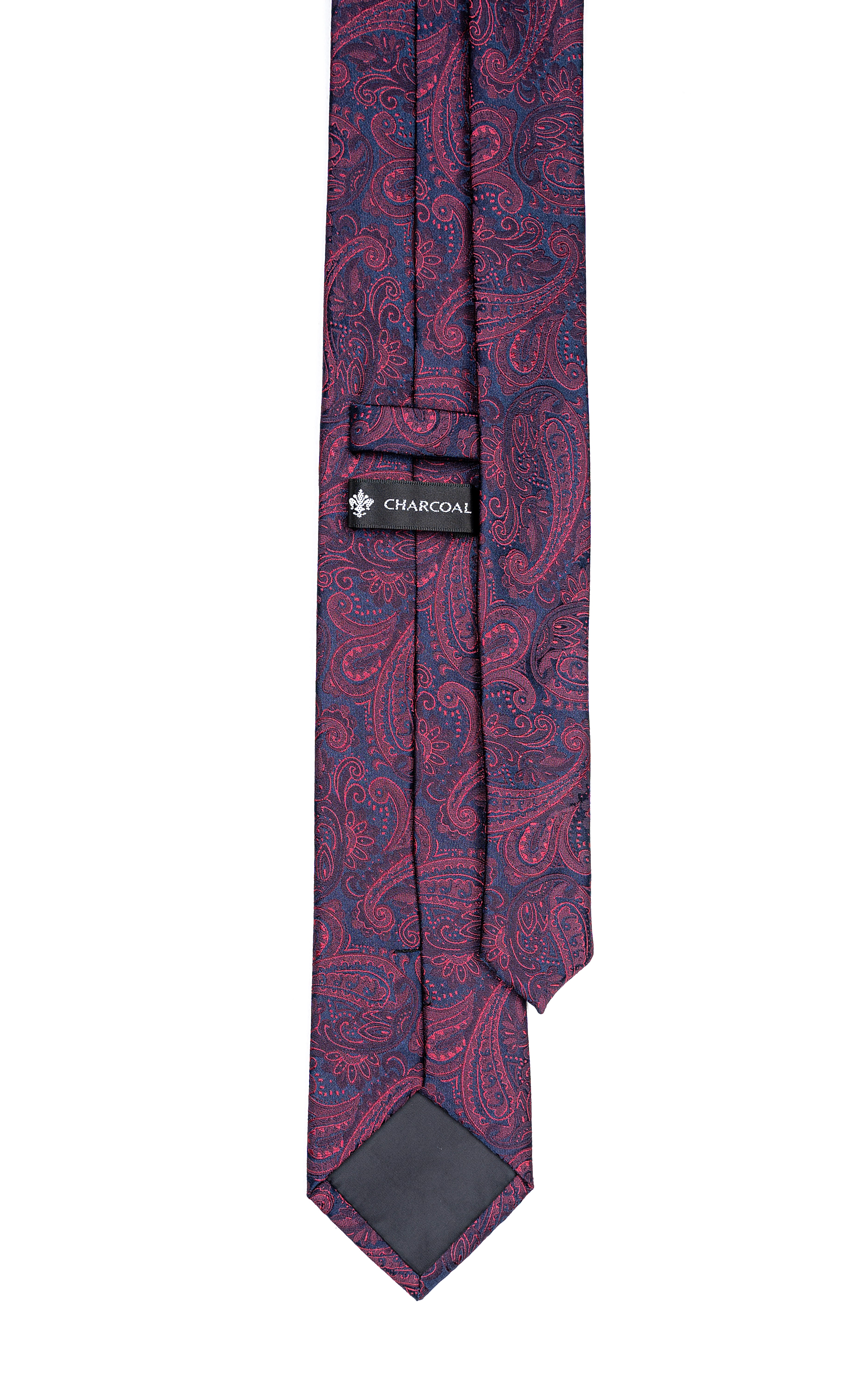 Poly silk tie, burgundy with navy paisley print, back view