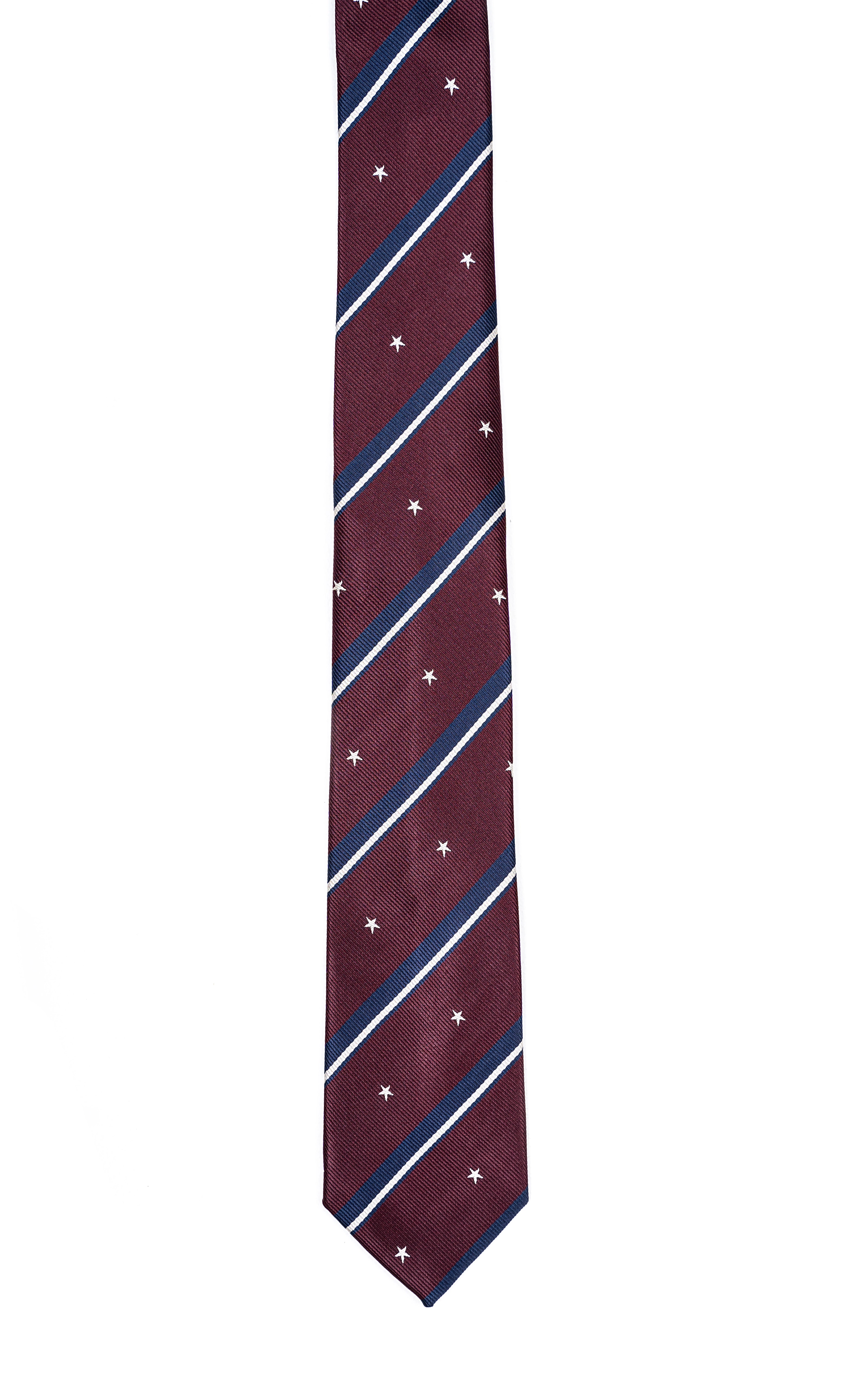 Poly silk tie in dark maroon with navy stripe bands and small star motifs