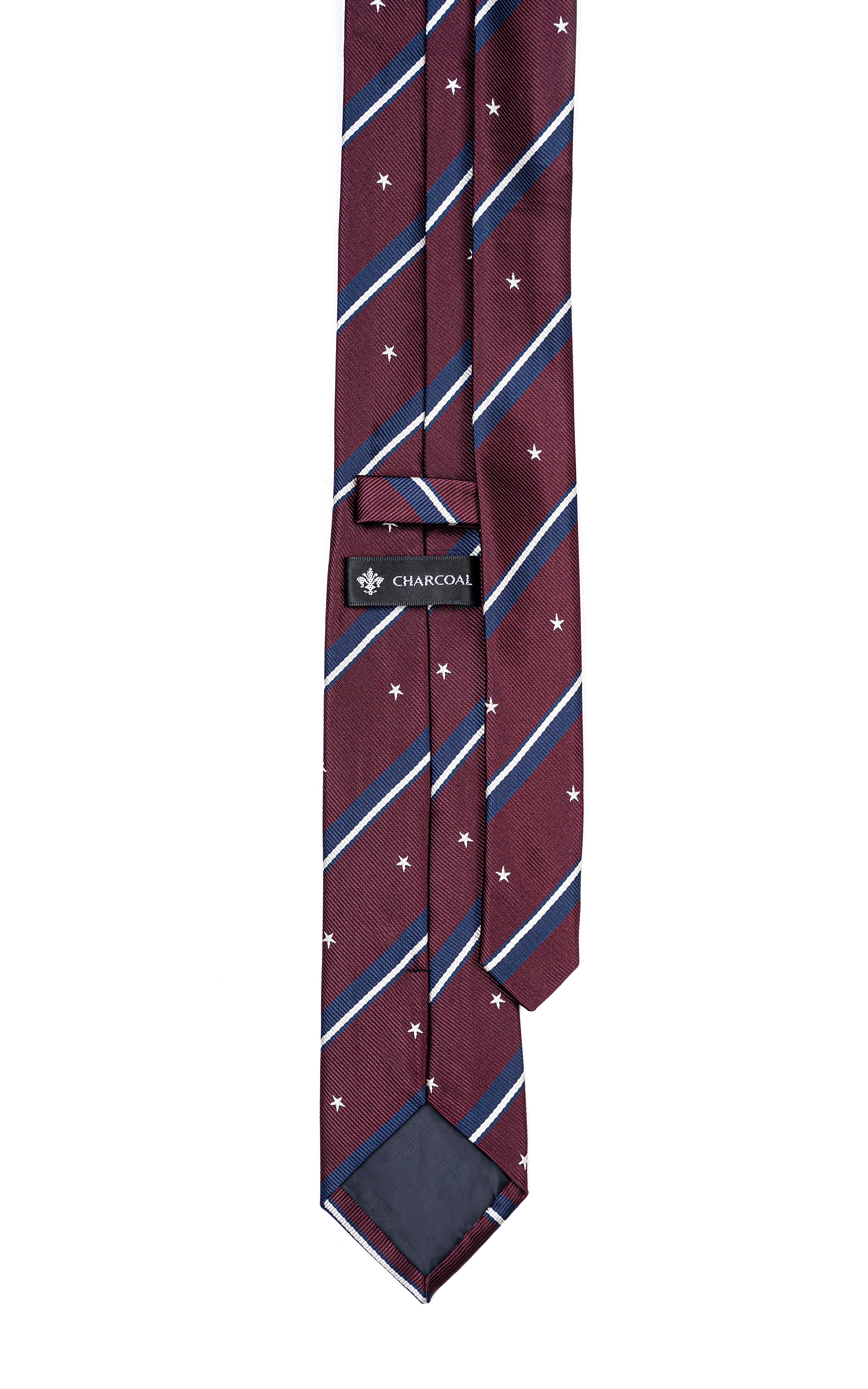 Poly silk tie in dark maroon with navy diagonal stripes, star pattern, center tag