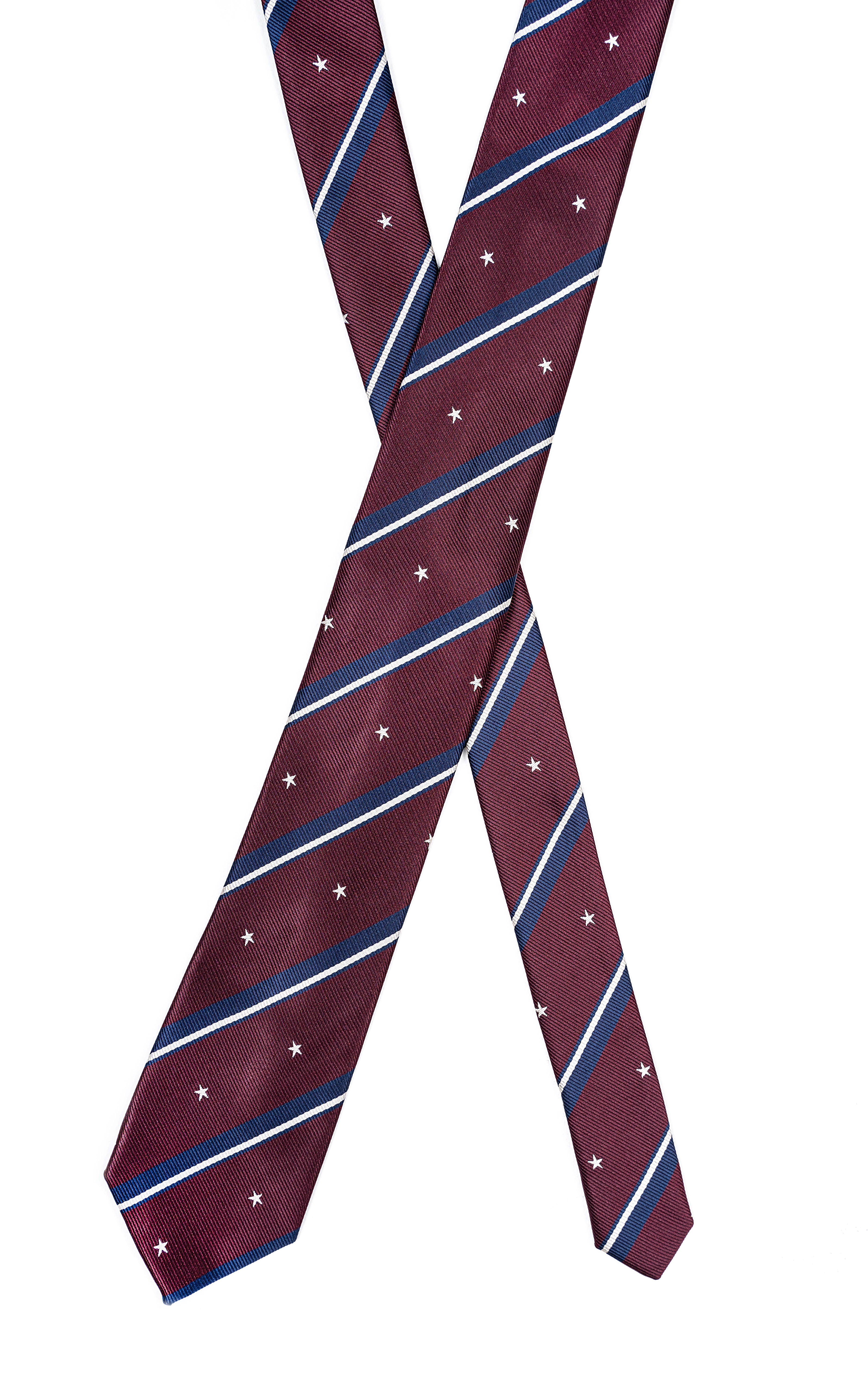 Poly silk tie with navy diagonal stripes over dark maroon and white star print