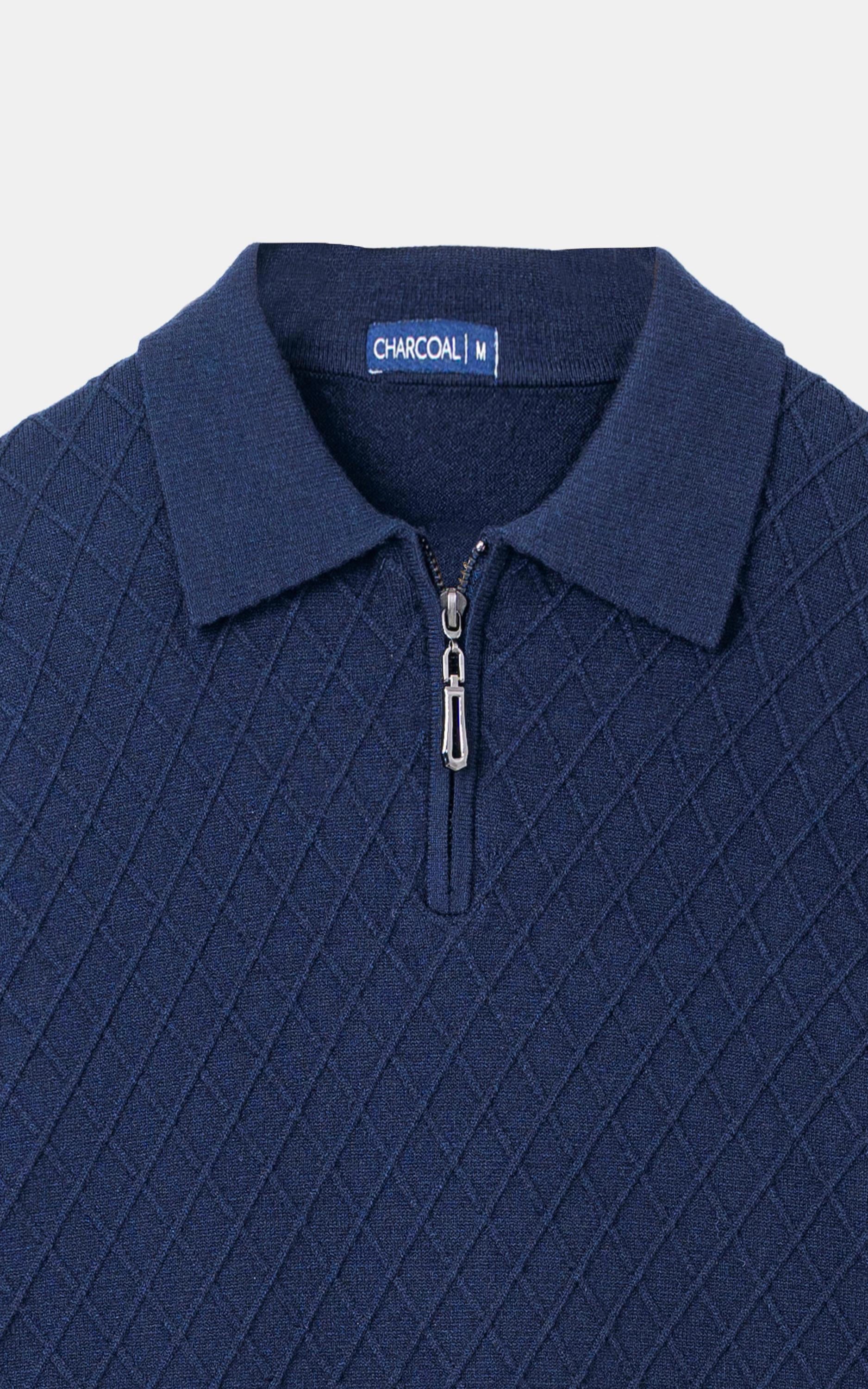 Polo Collar Zipper Sweater Dark Blue
