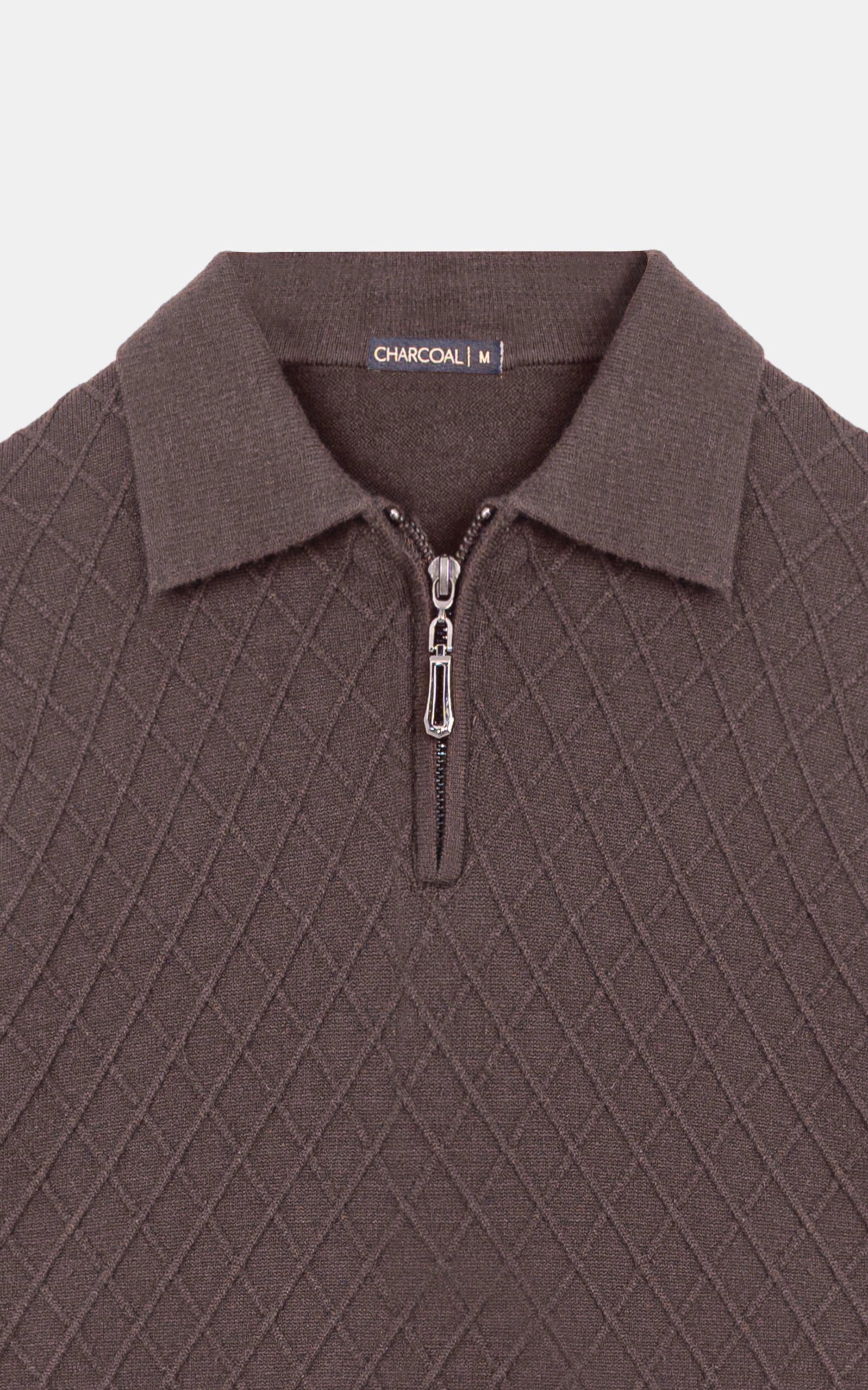 Polo Collar Zipper Sweater Dark Brown