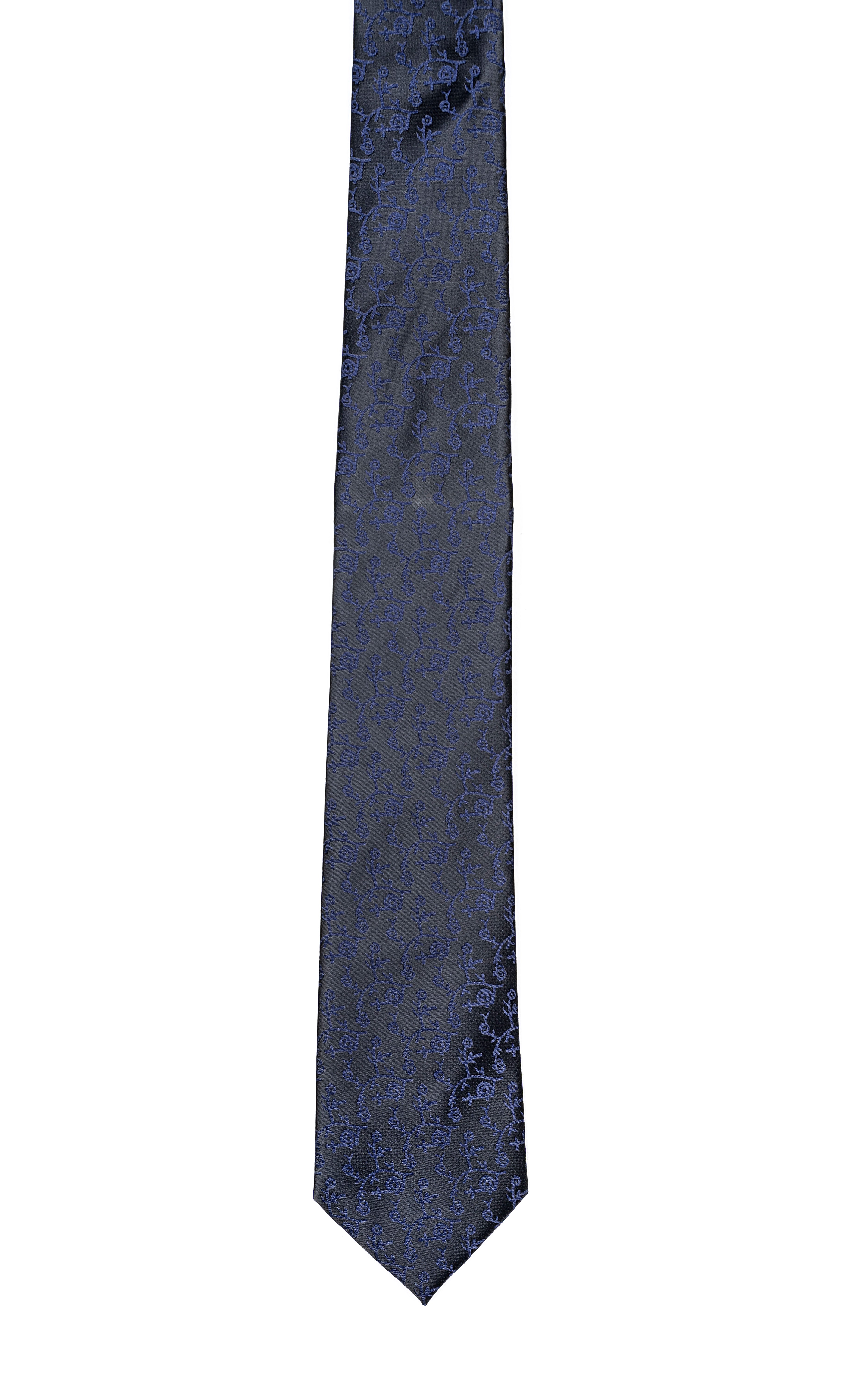 Poly silk tie in dark navy with subtle patterned texture, pointed tip