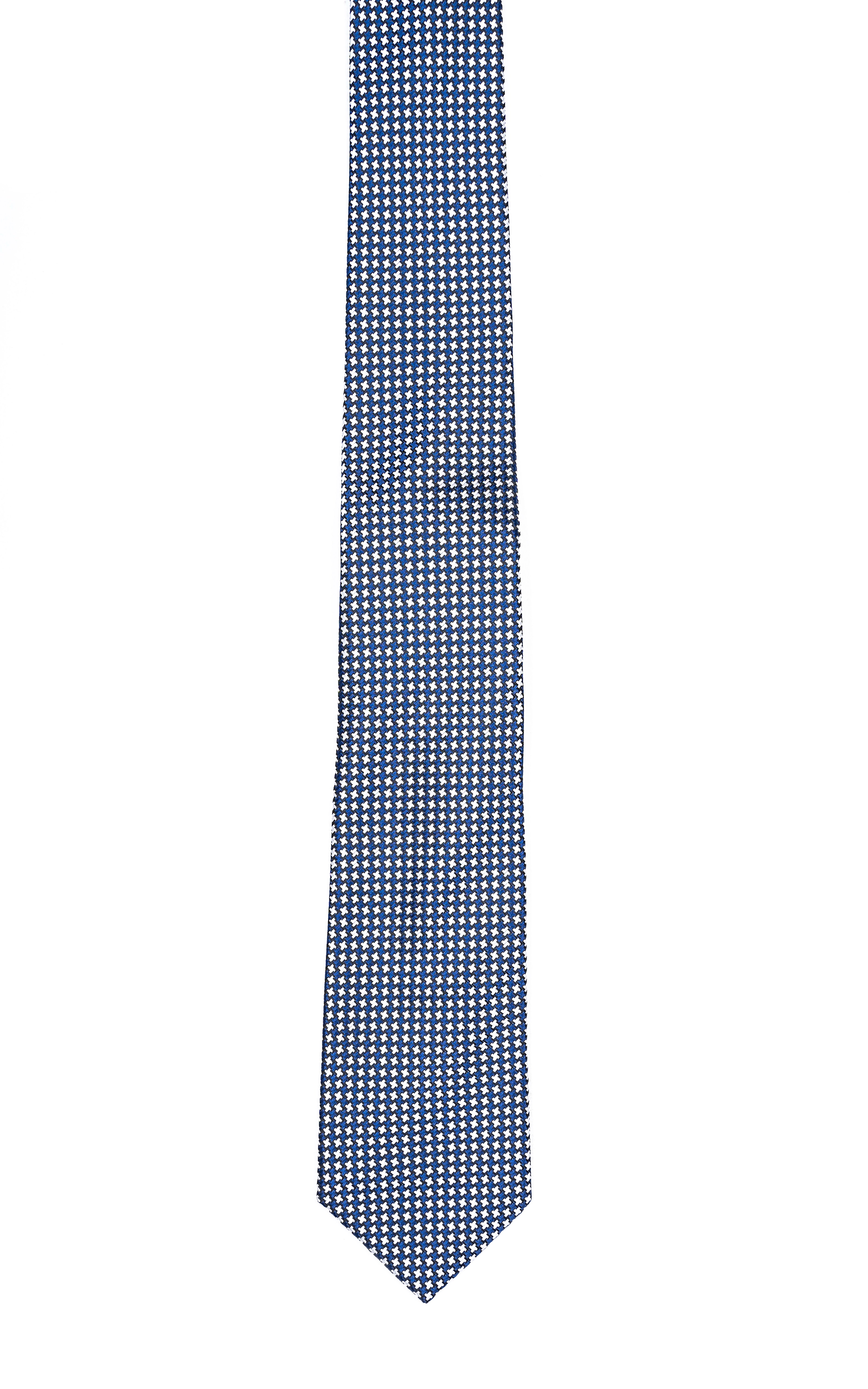 Blue poly-silk tie with micro-check pattern, pointed end