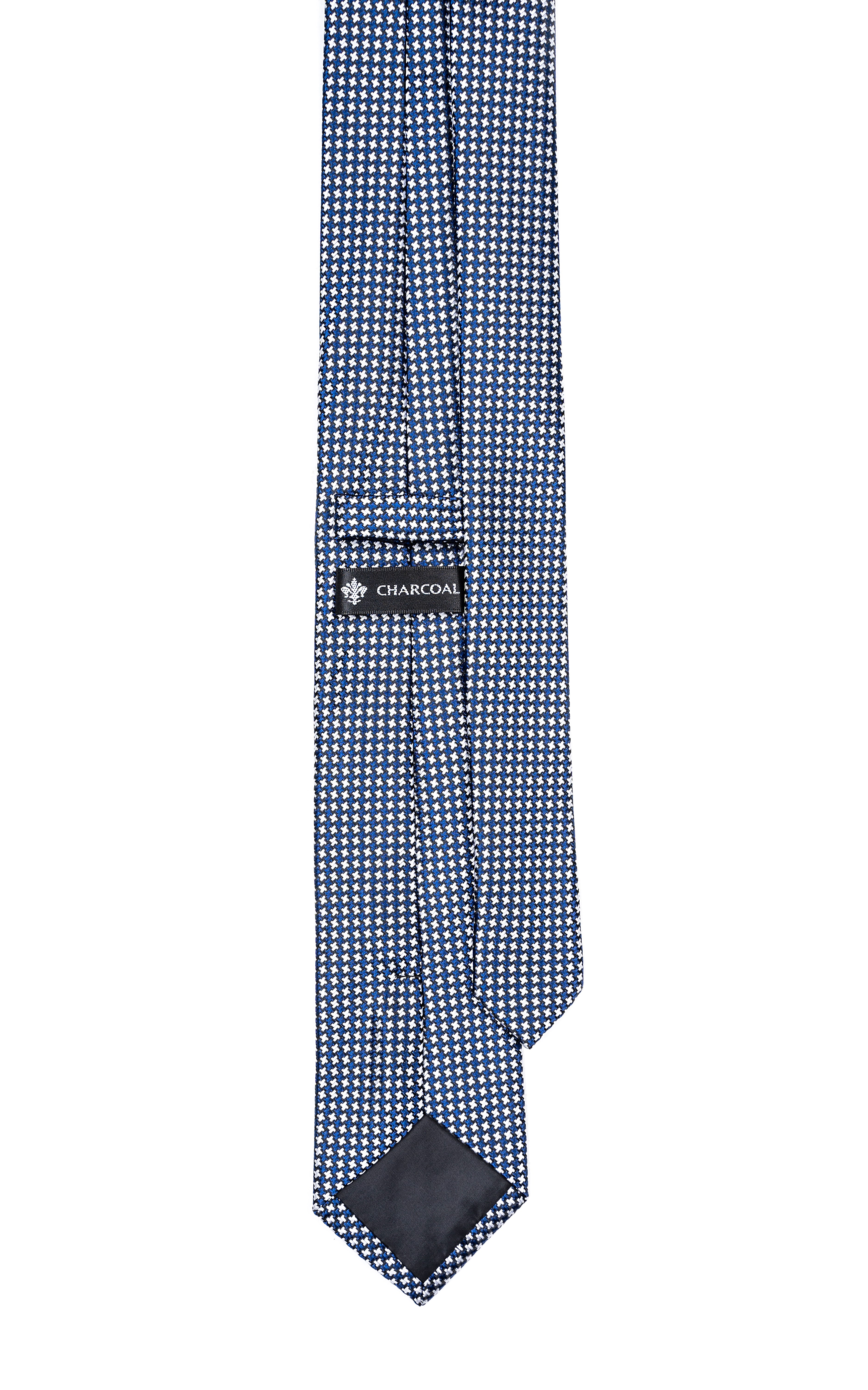 Blue poly-silk tie with micro-check pattern, folded view and narrow end