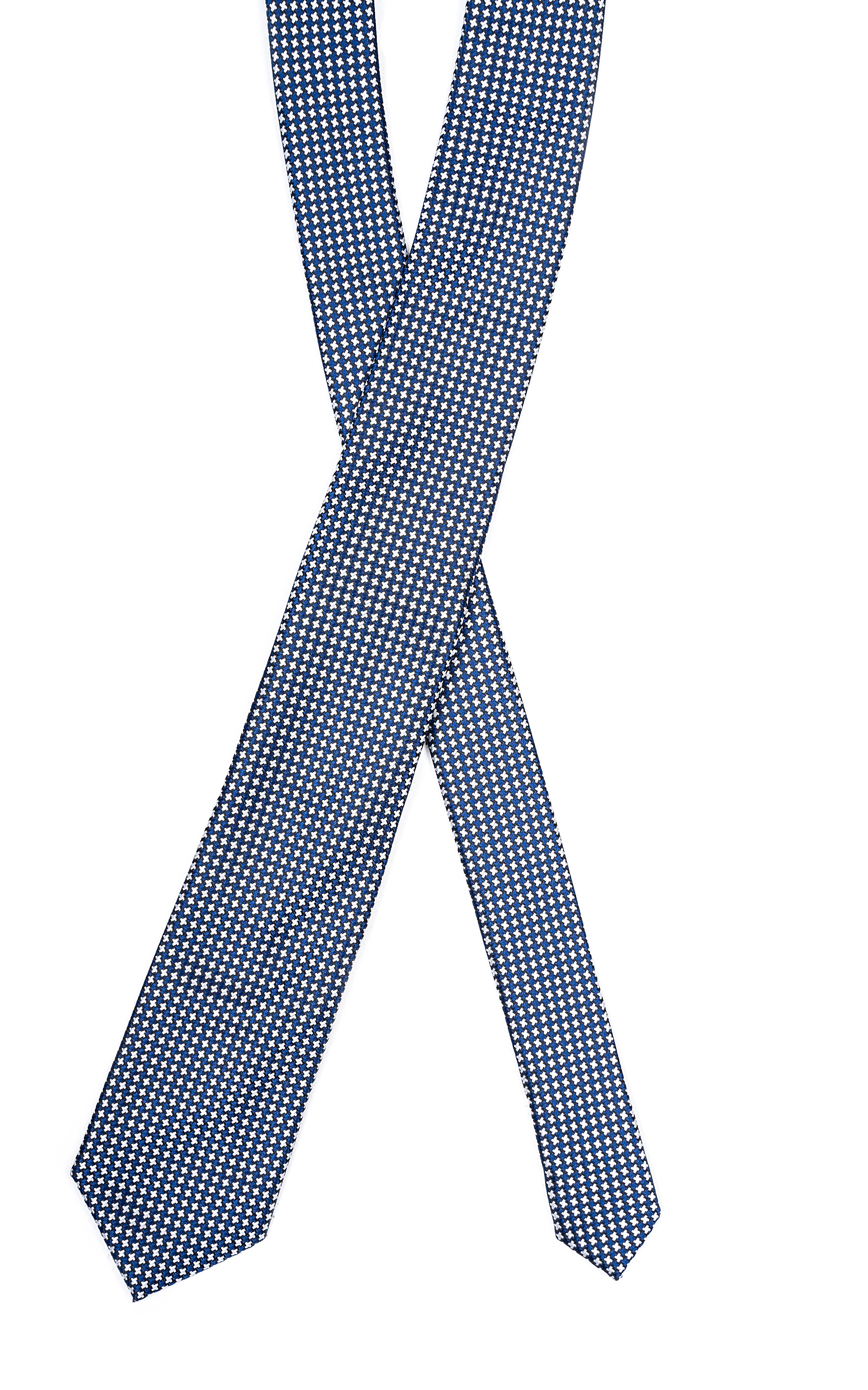 Blue poly-silk tie with micro-check pattern, looped for knot display