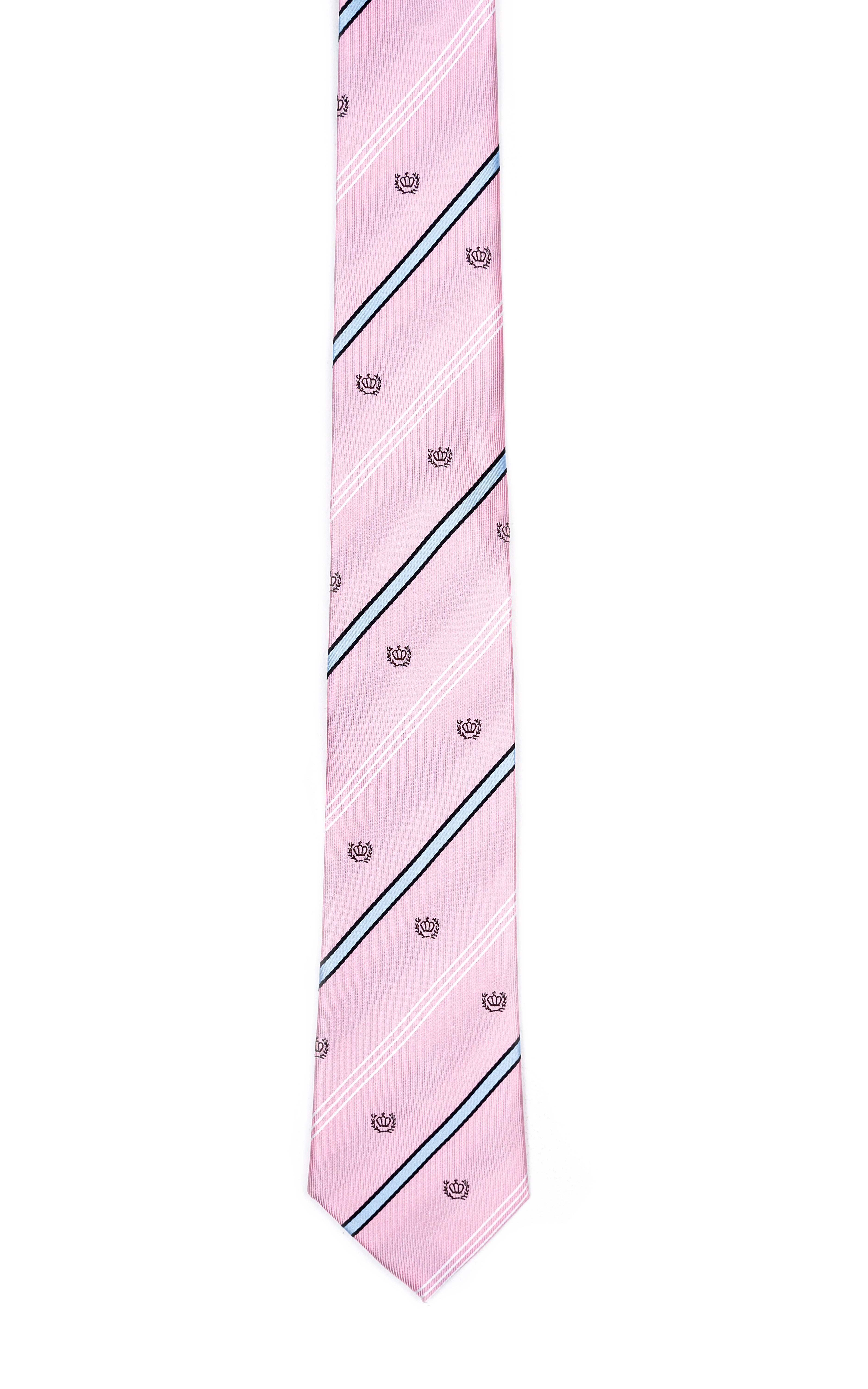 Pink poly silk tie with navy diagonal stripes and small repeat icons