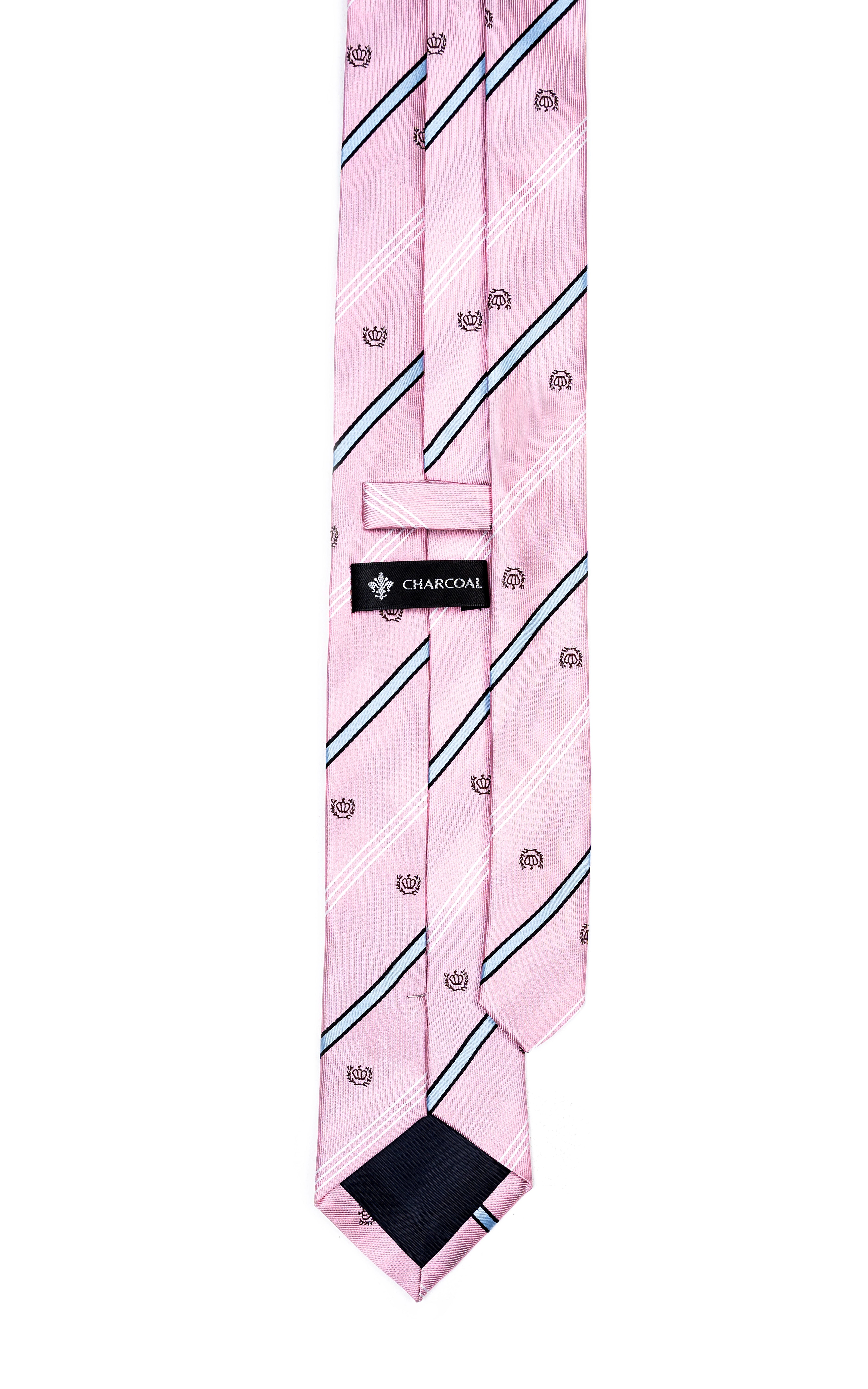 Pink poly silk tie with navy stripes, small icons, and Charcoal label at keeper