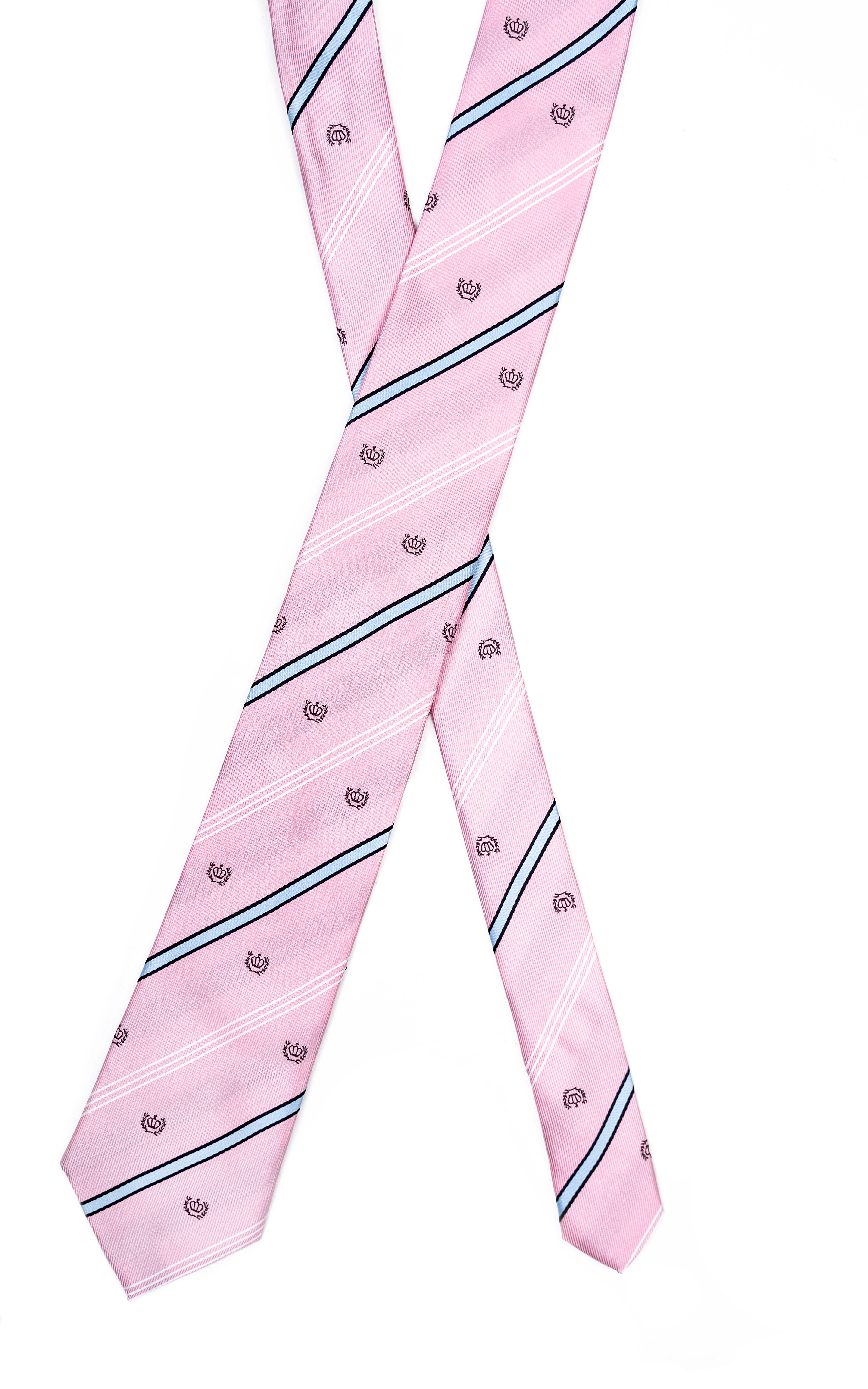Pink poly silk tie with diagonal navy stripes and repeating icon pattern