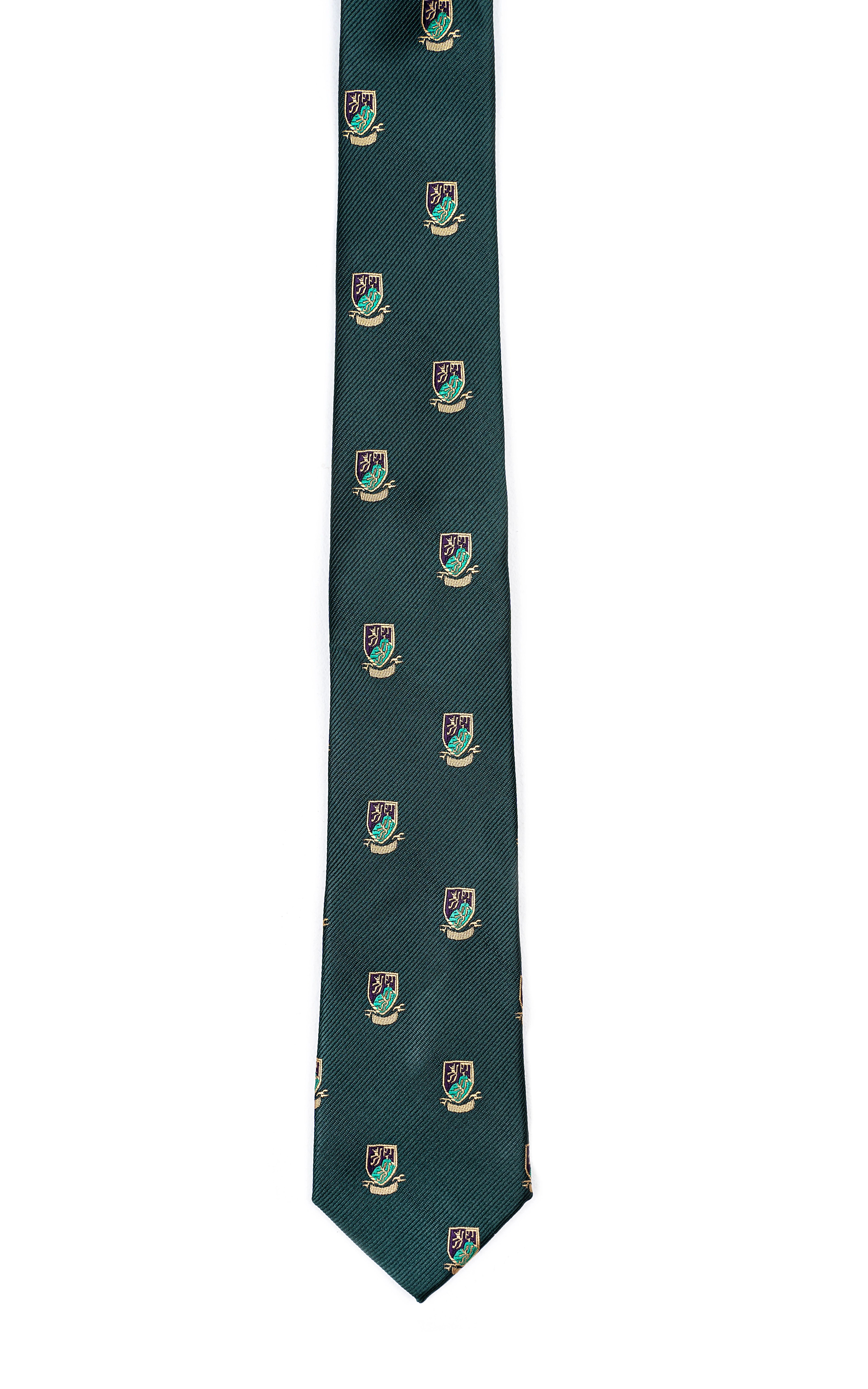 Dark green polyester silk tie with crest repeat pattern