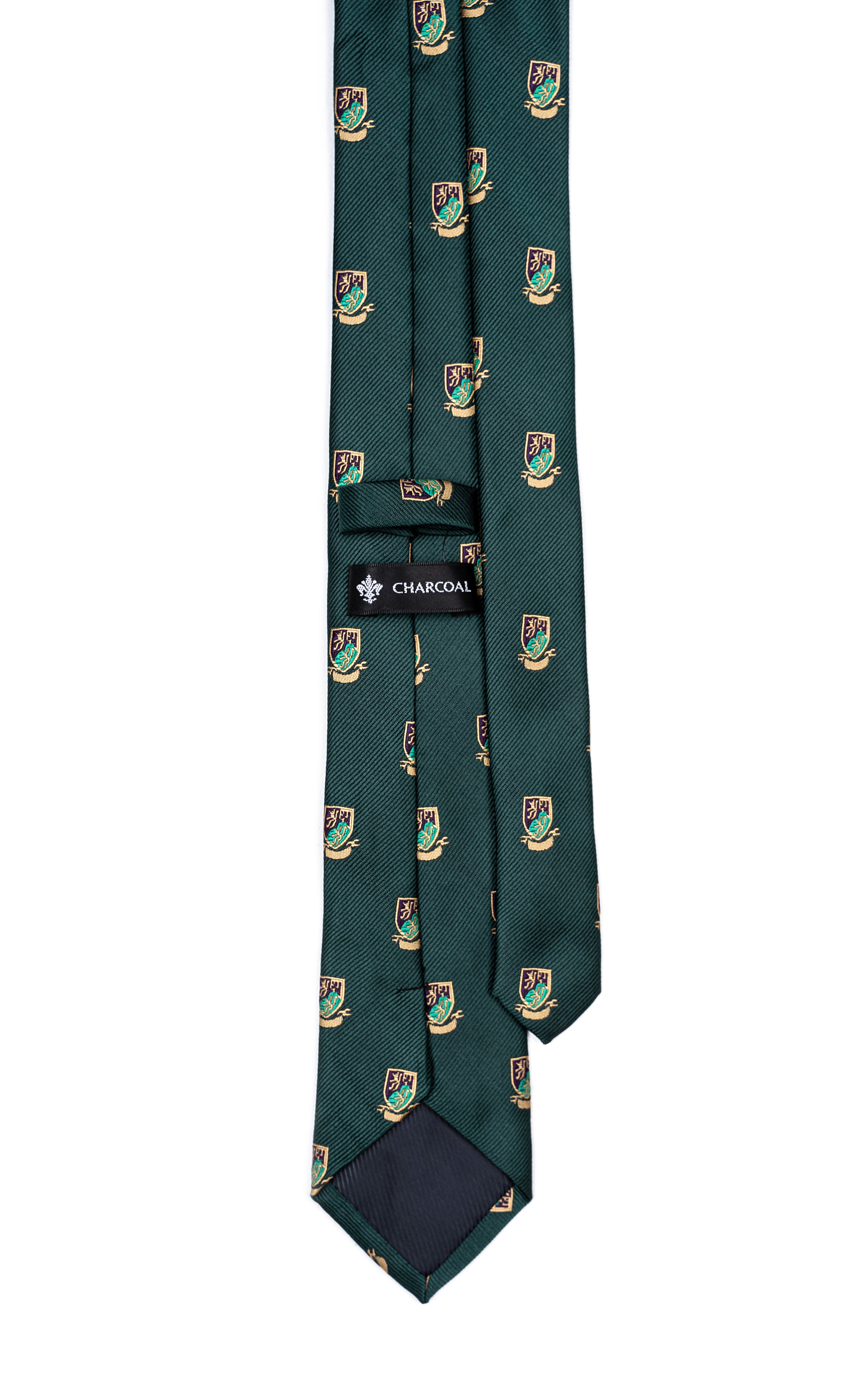 Dark green polyester silk tie with crest repeat pattern and CHARCOAL tag