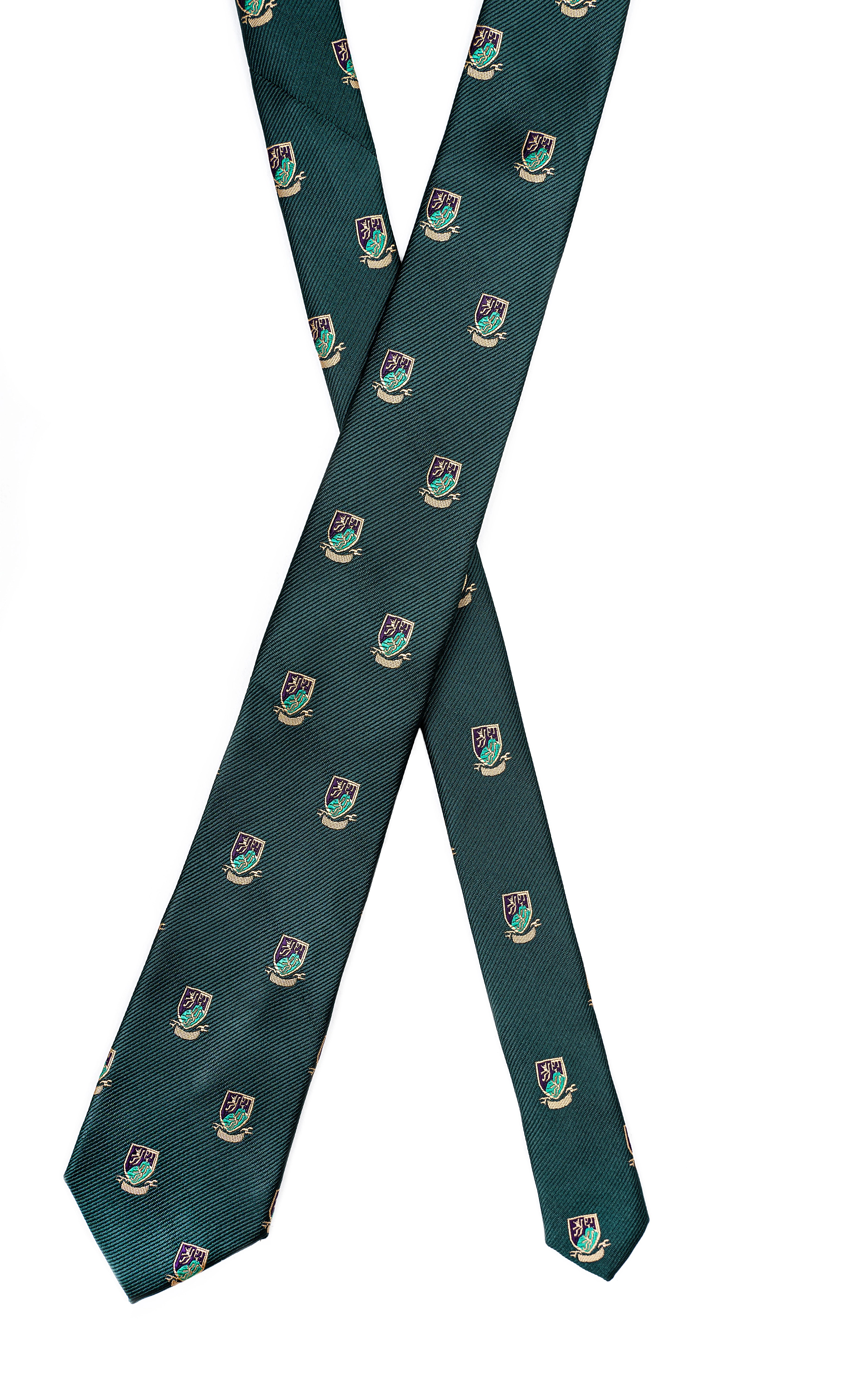Dark green polyester silk tie with crest repeat pattern, looped drape