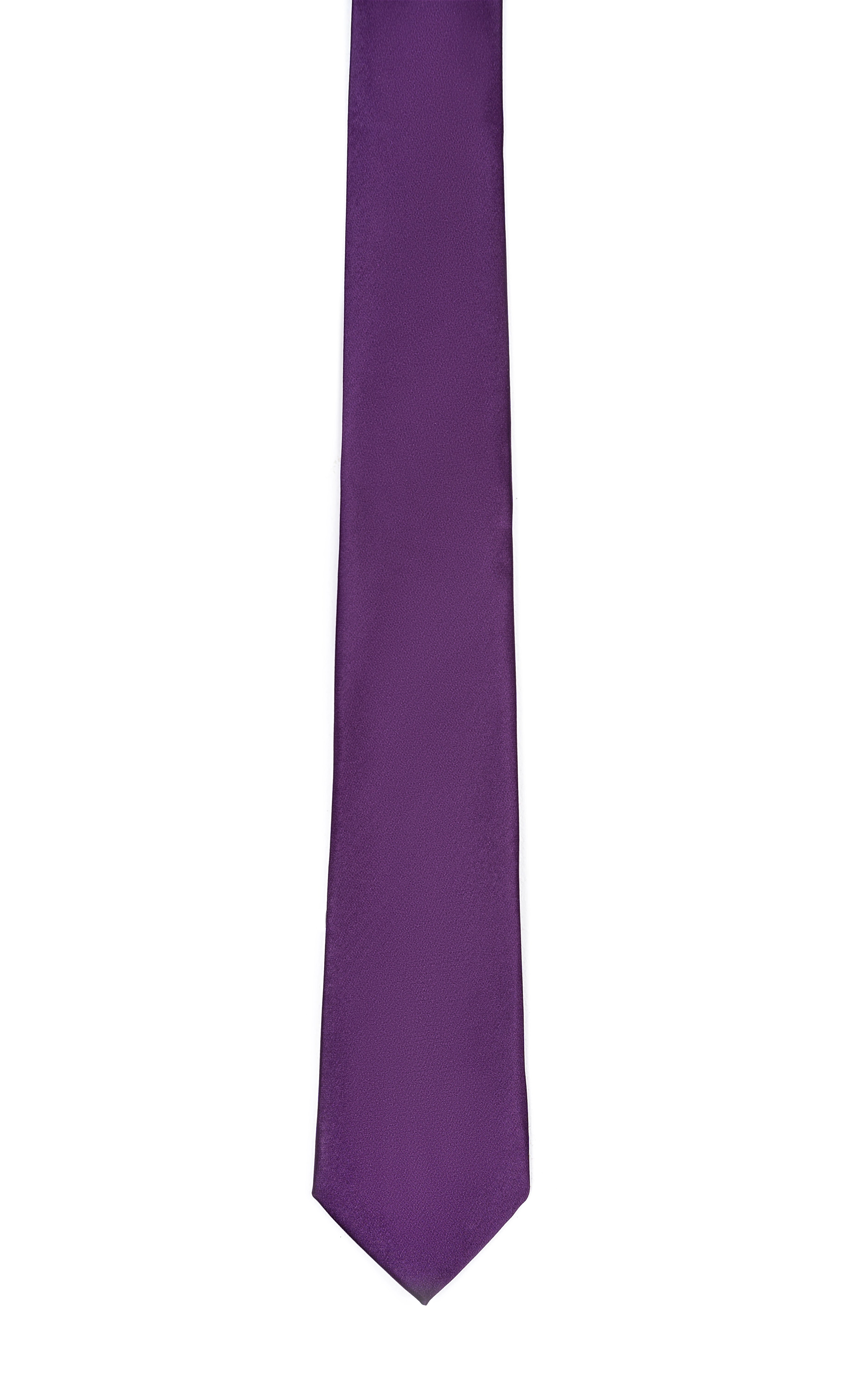 Poly silk tie in solid purple, narrow pointed end.