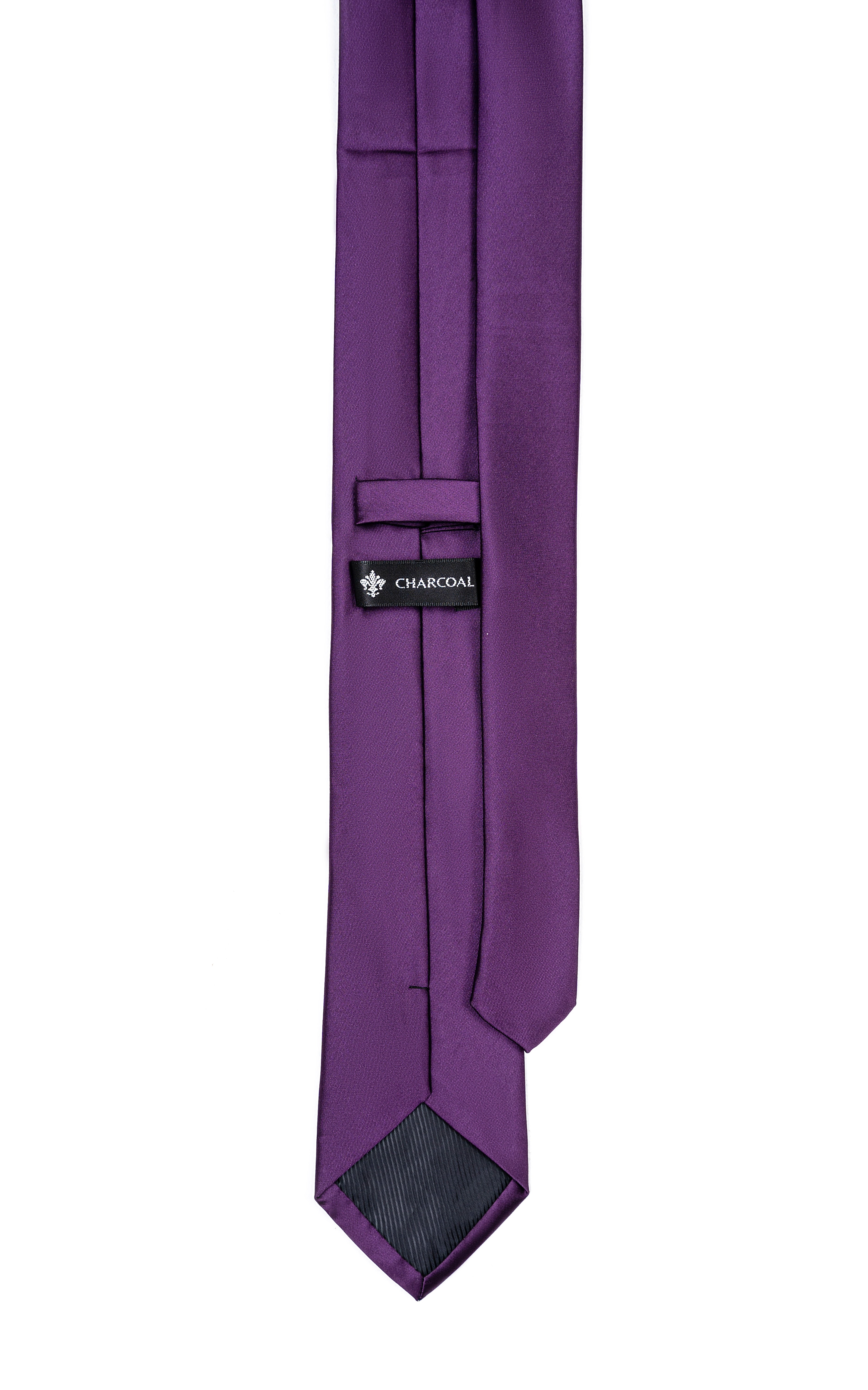 Purple poly silk tie with stitched label and pointed tip.