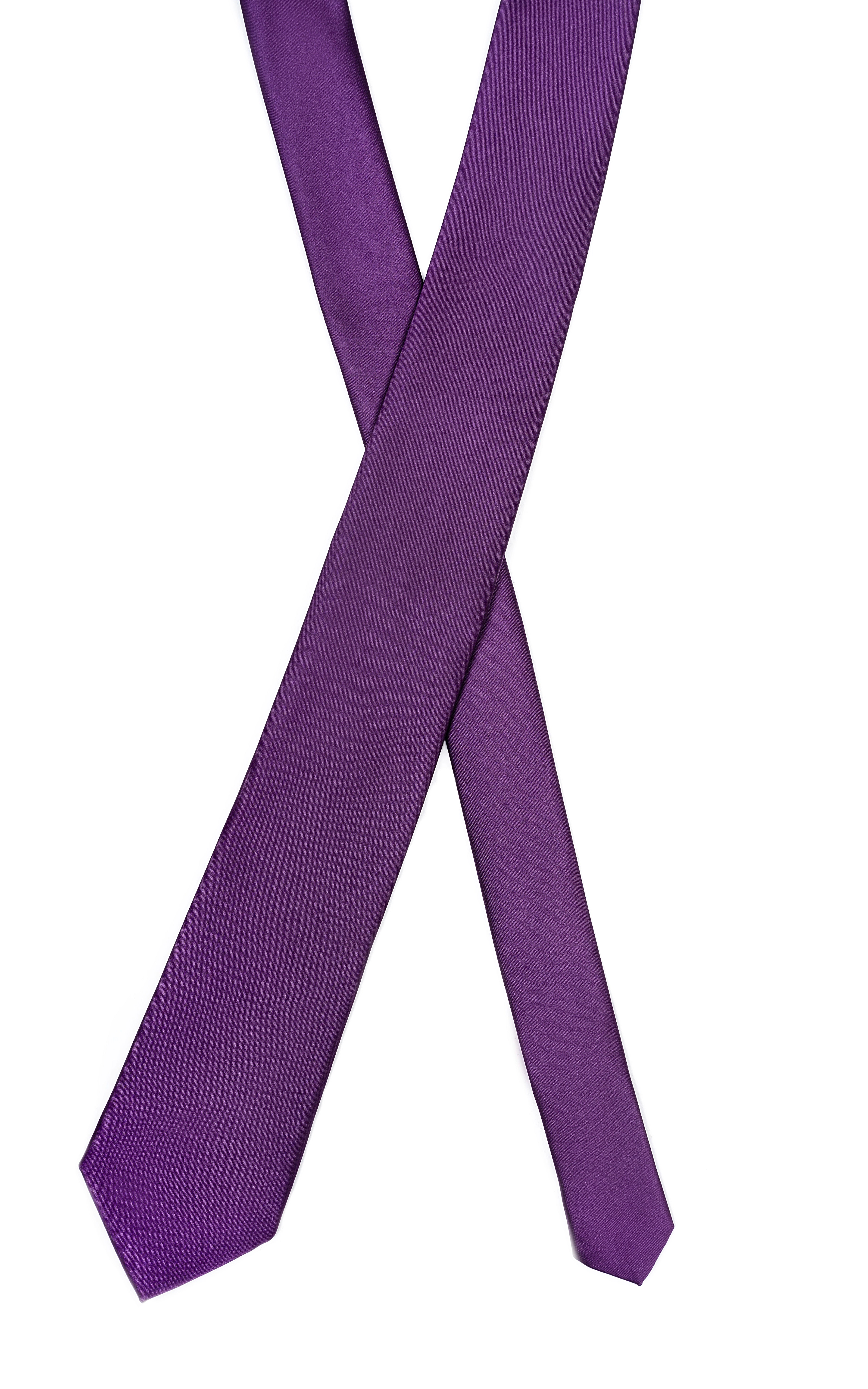 Purple poly silk tie with crossed ends and textured weave.
