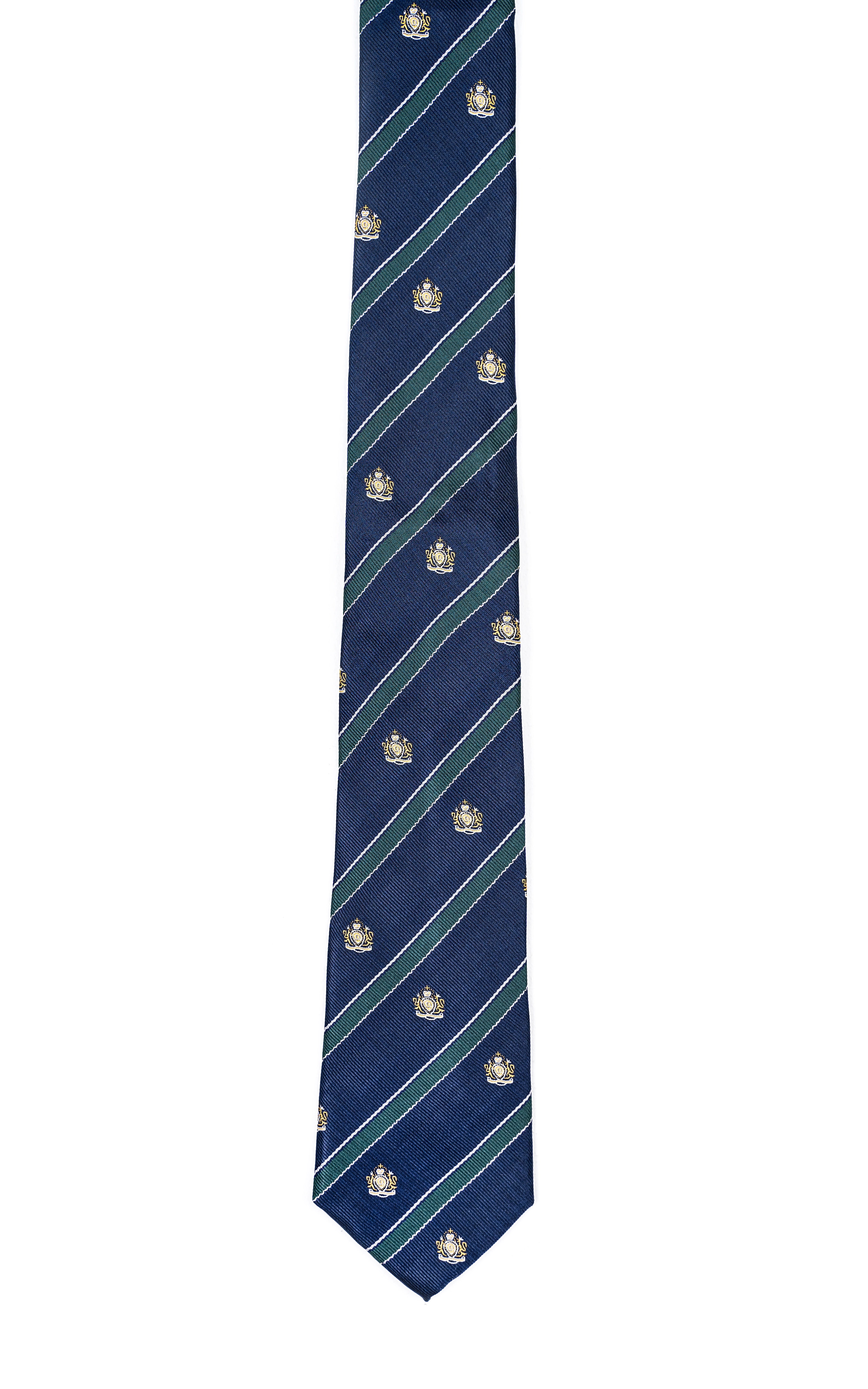 Dark navy poly silk tie with thin green diagonal stripes and gold crest motifs