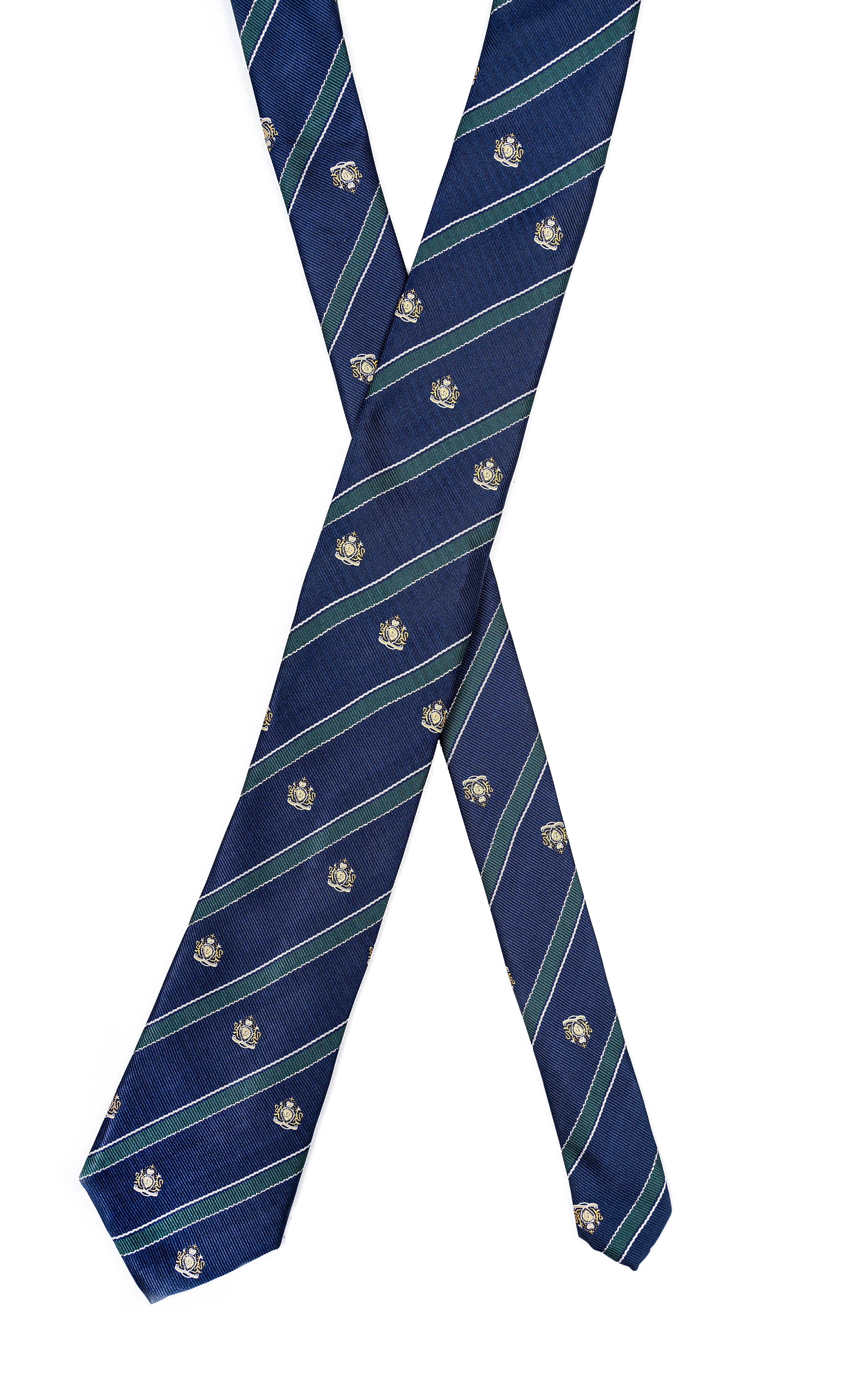 Flat poly silk tie: dark navy, green diagonal stripes, small gold crest pattern