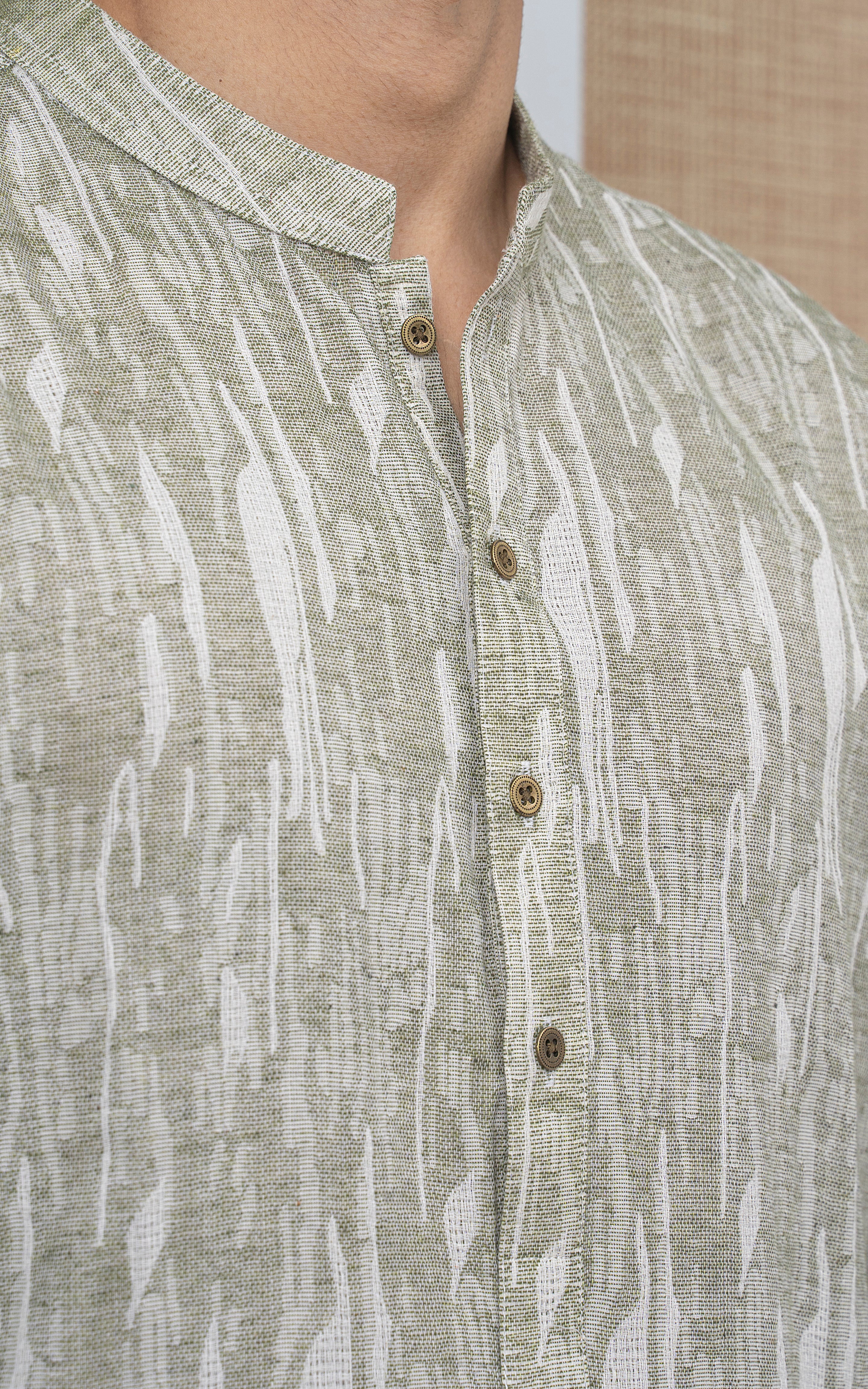 JACQUARD COTTON KURTA - SIGNATURE COLLECTION GREEN WHITE