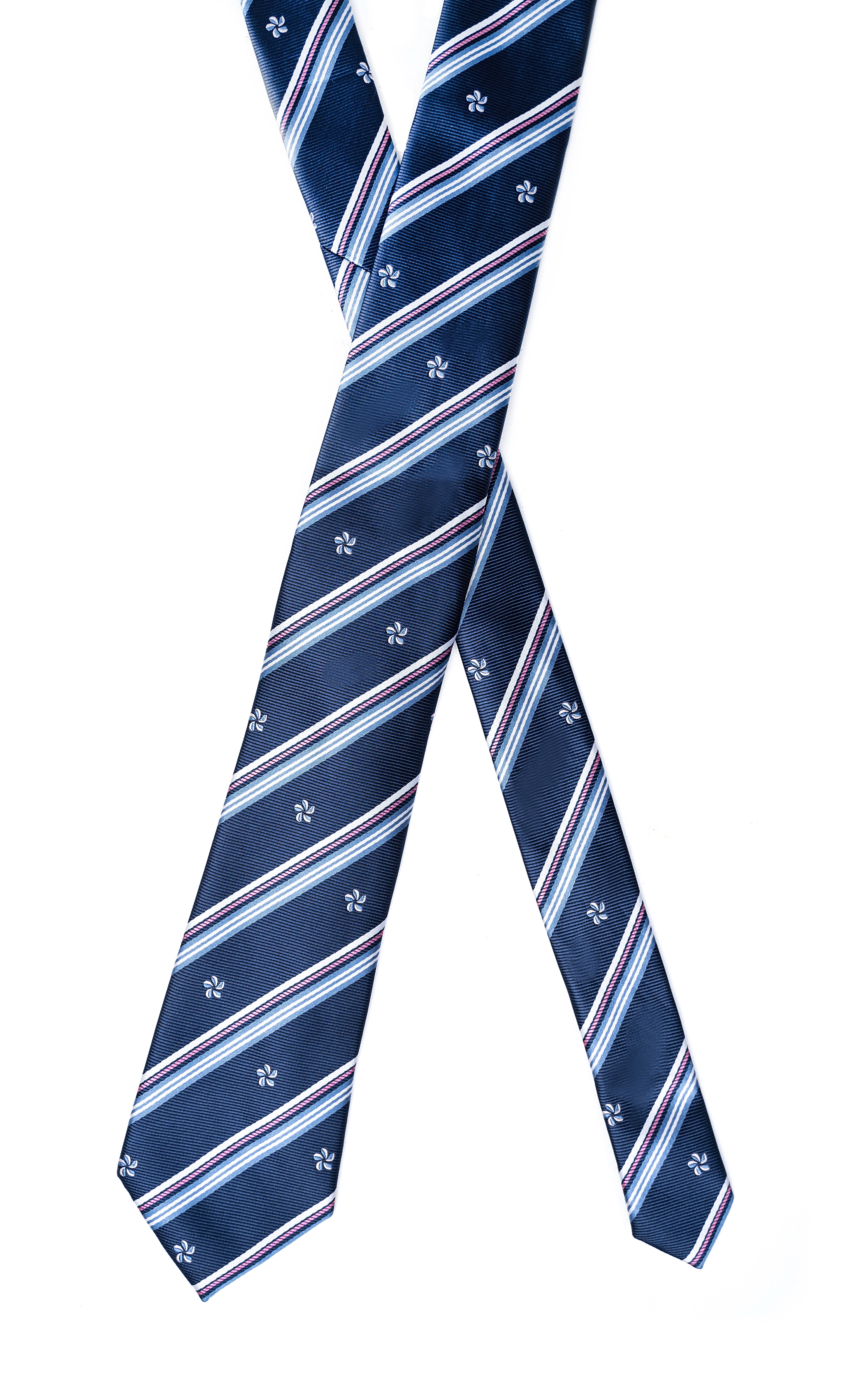 Poly silk tie in dark blue with light diagonal stripes and small floral motifs