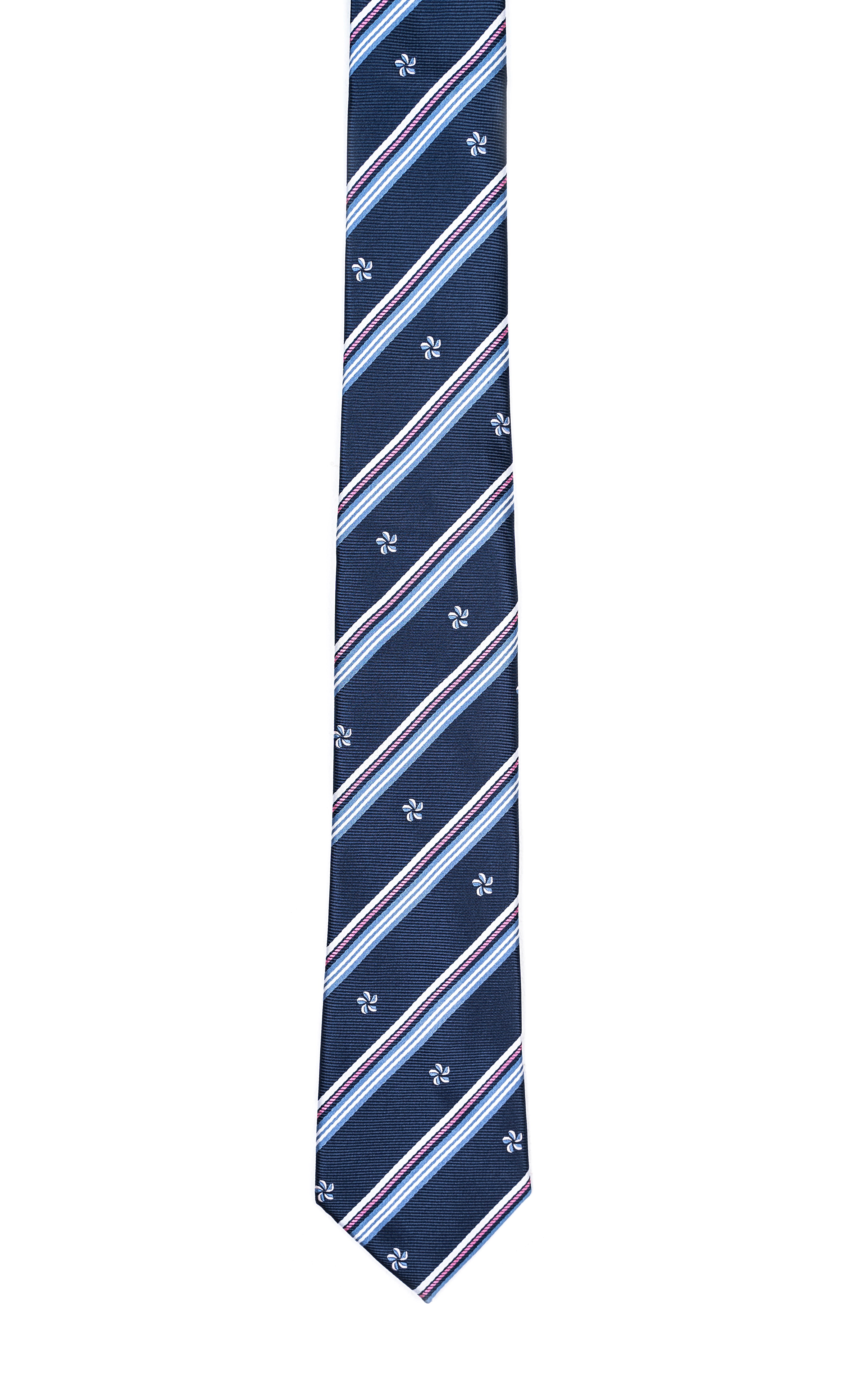 Poly silk tie, dark blue with diagonal striped pattern and tiny floral motifs