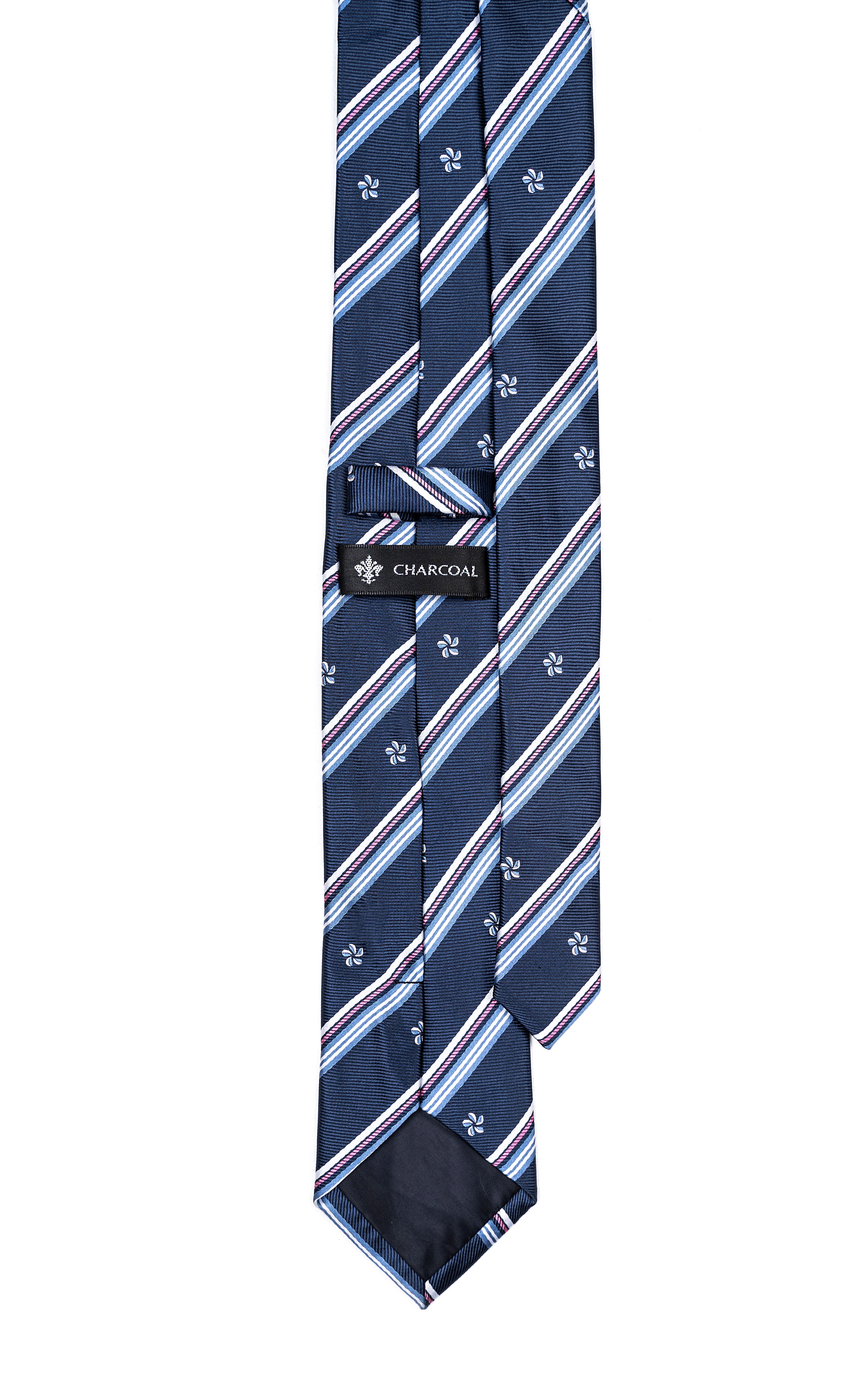 Poly silk tie with dark blue striped floral pattern and CHARCOAL woven label