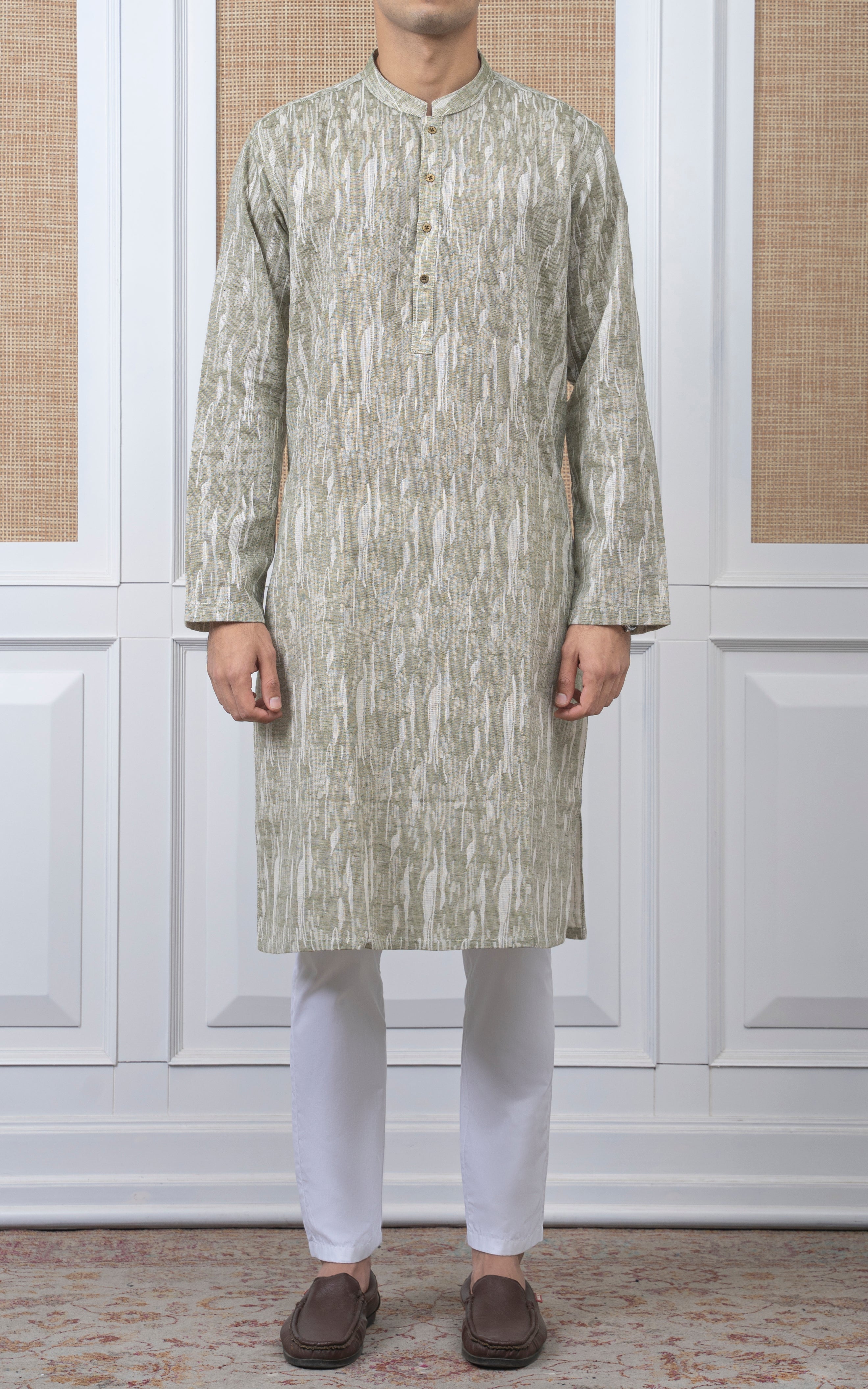 JACQUARD COTTON KURTA - SIGNATURE COLLECTION GREEN WHITE
