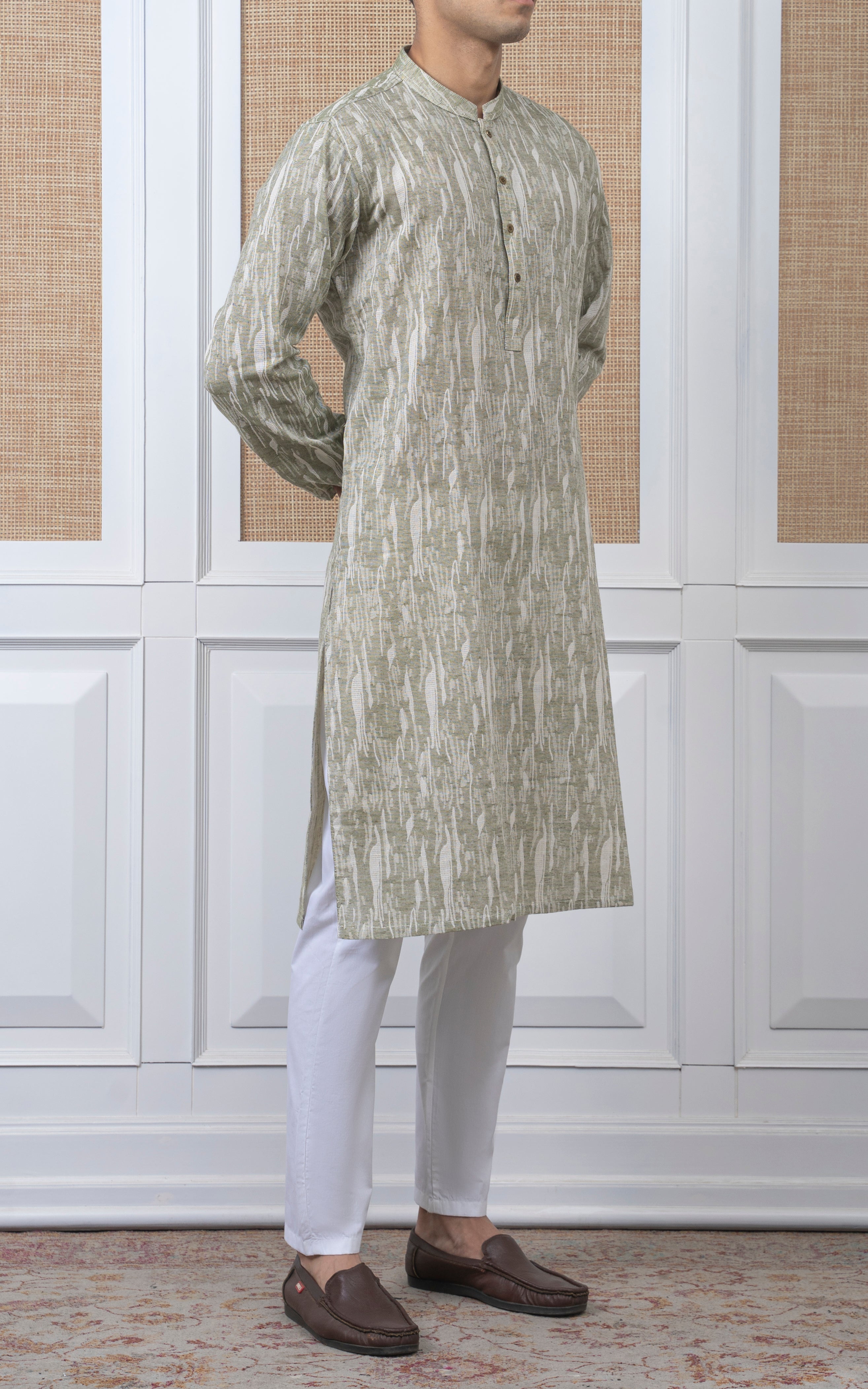 JACQUARD COTTON KURTA - SIGNATURE COLLECTION GREEN WHITE