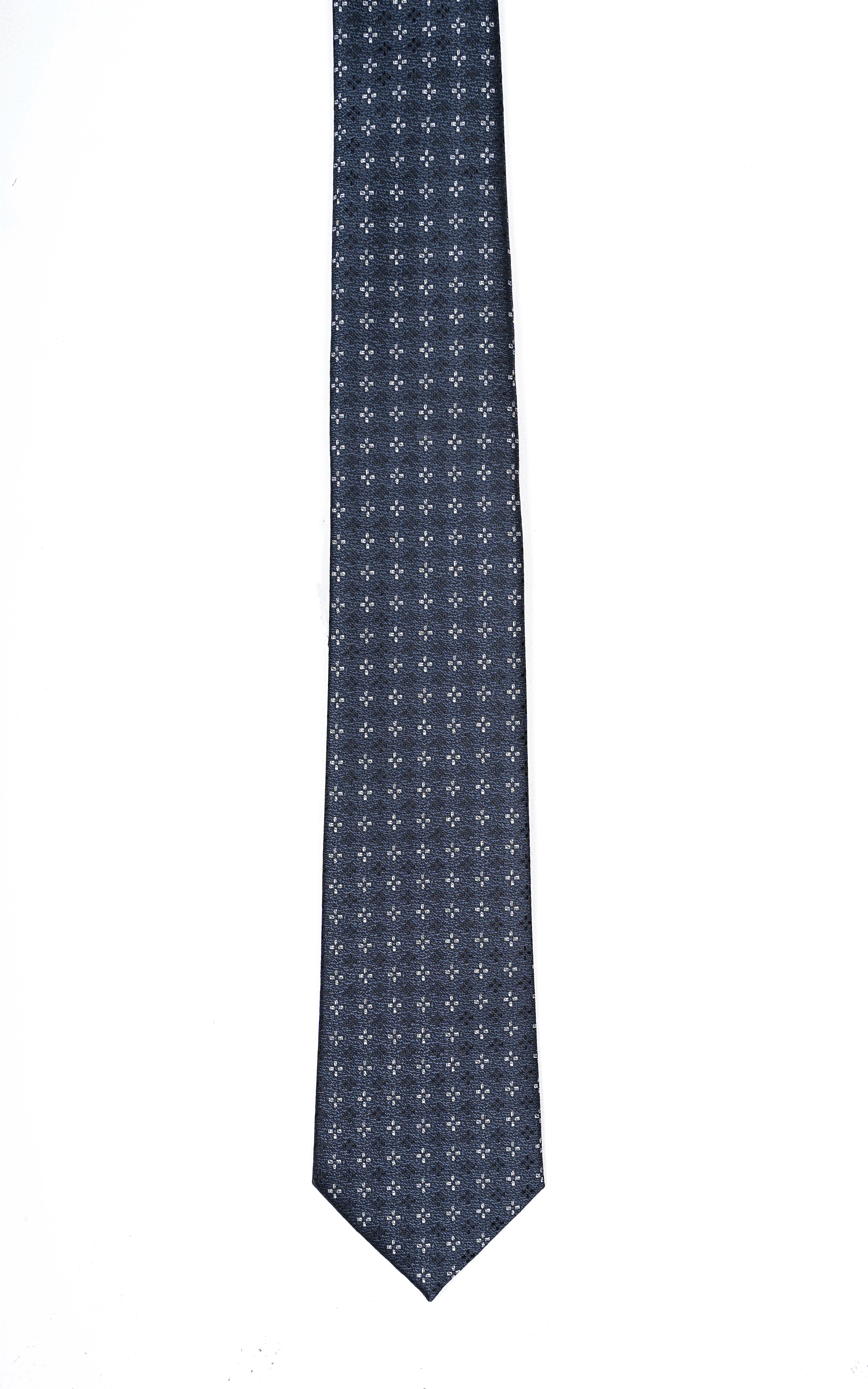 Poly silk tie with small dotted pattern, straight hanging view
