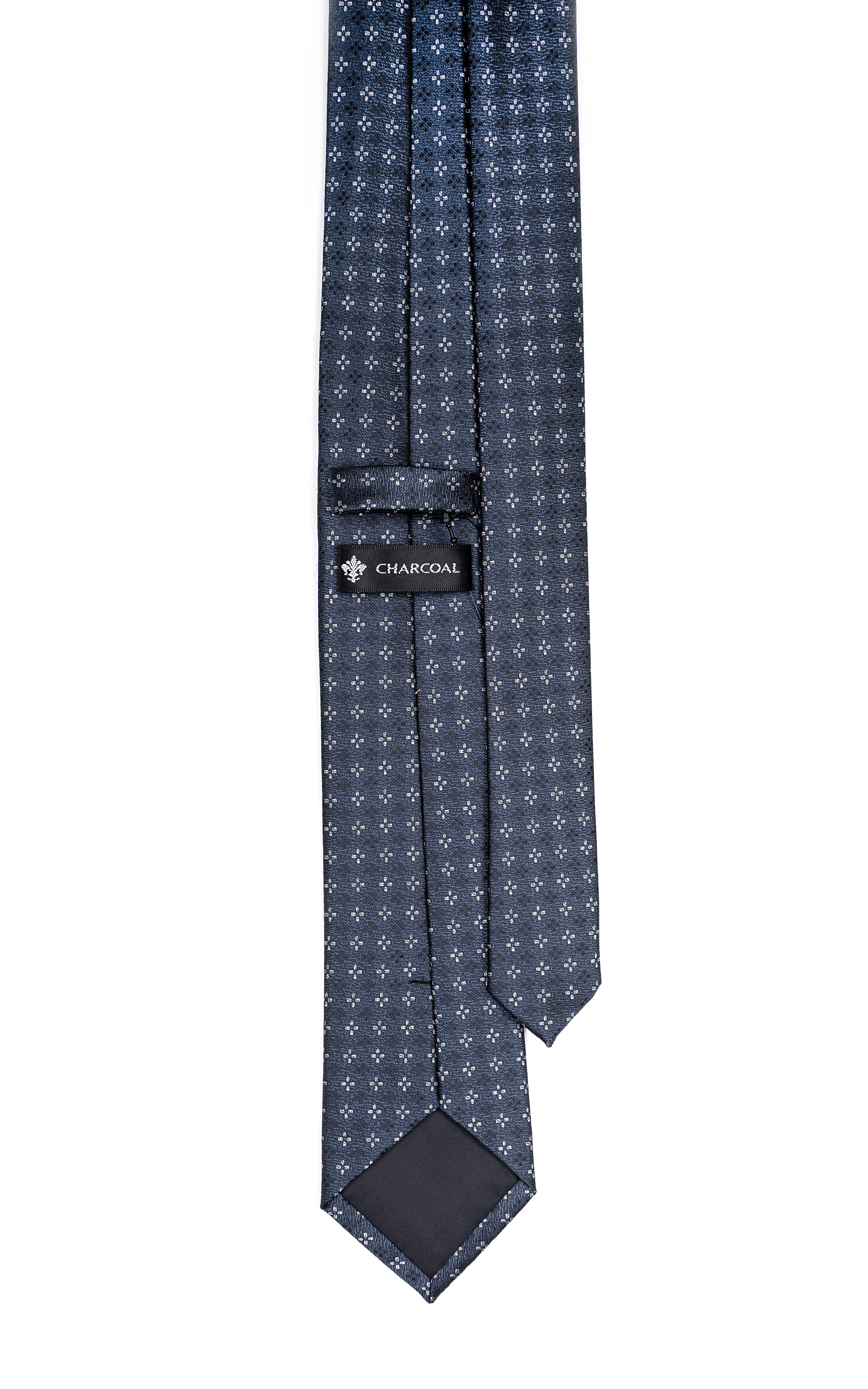 Poly silk tie with dotted pattern, folded strap and charcoal label detail