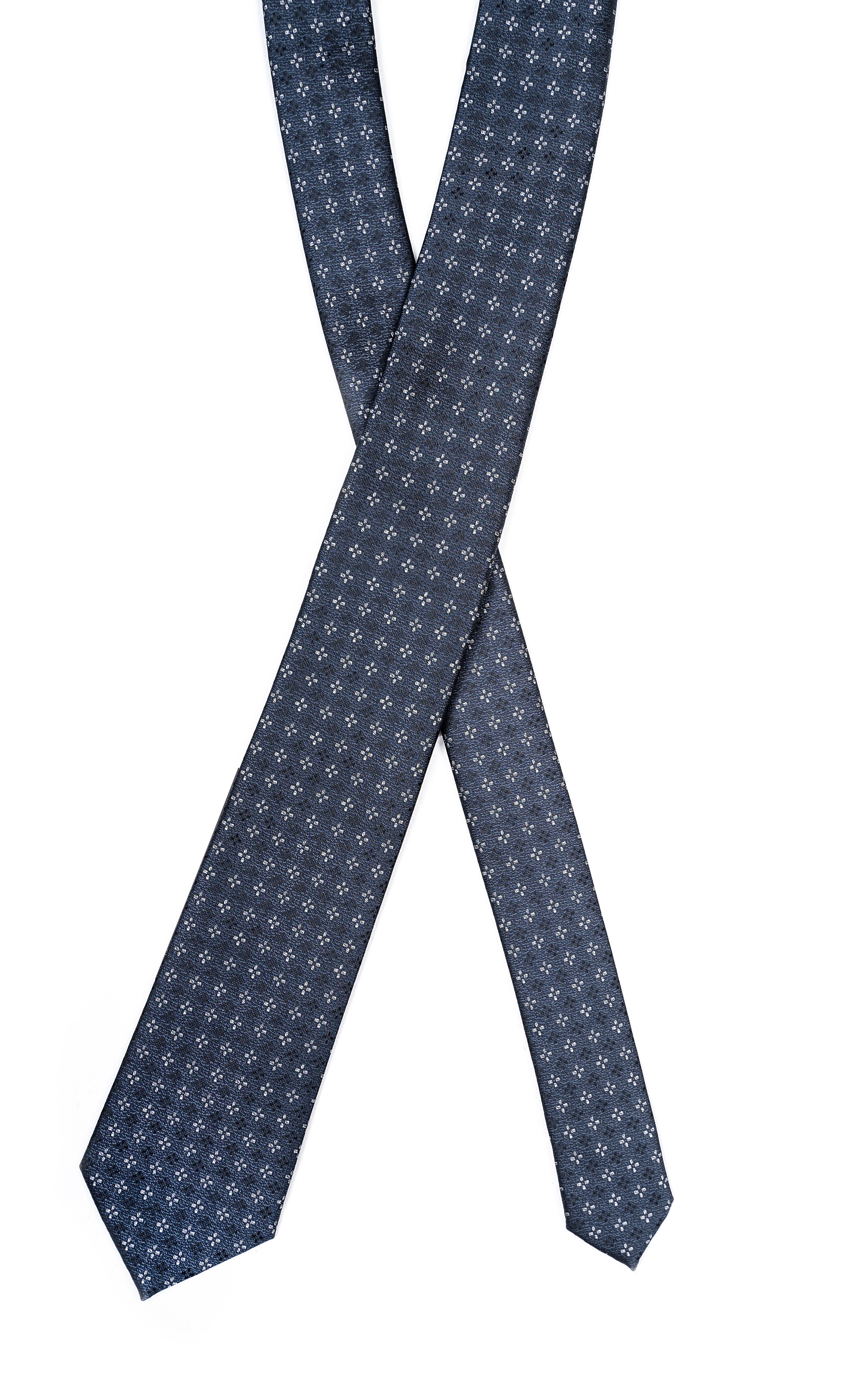 Poly silk tie with small dotted pattern, knot-front view
