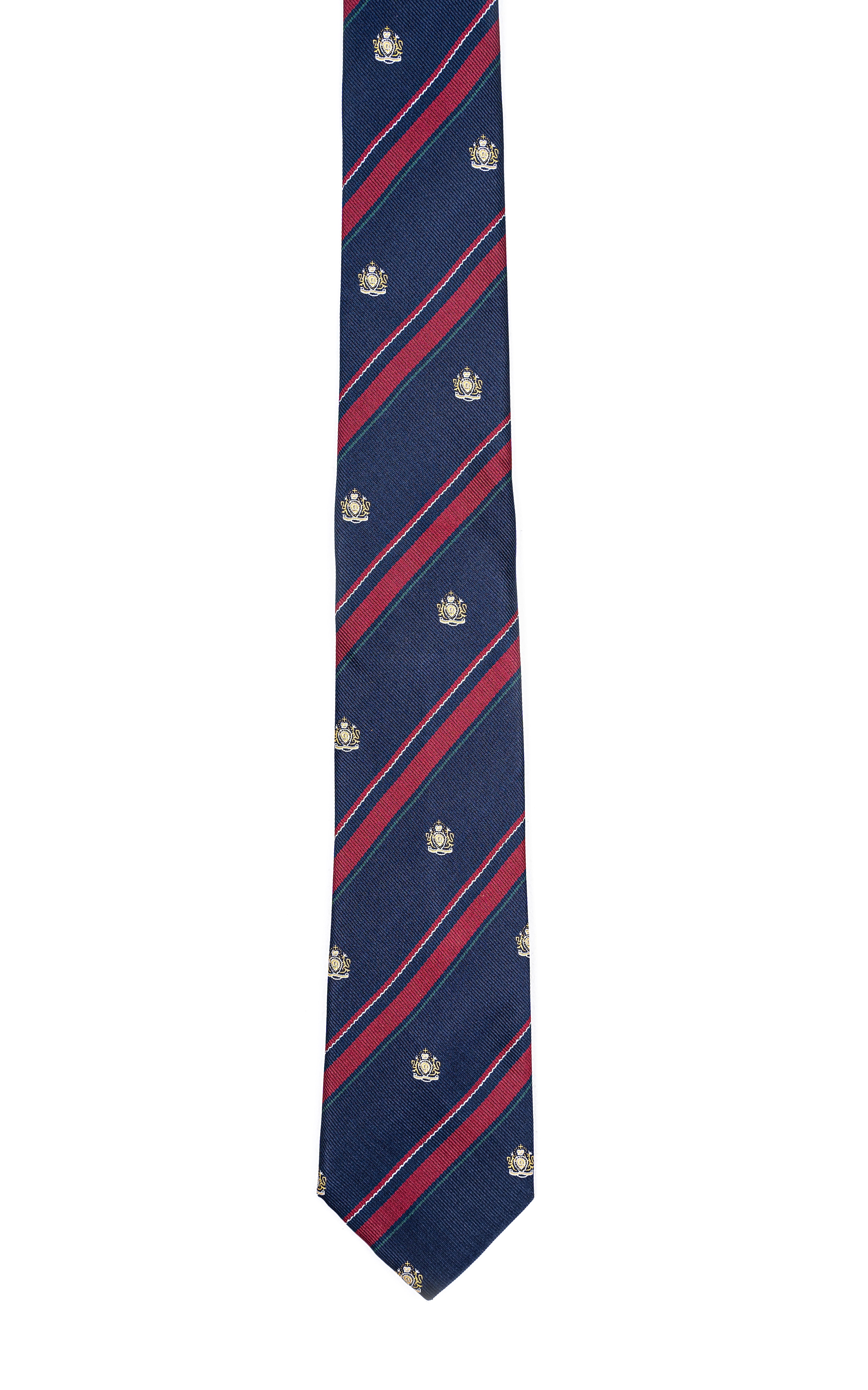 Navy poly silk tie with red diagonal stripes and small gold emblem motifs