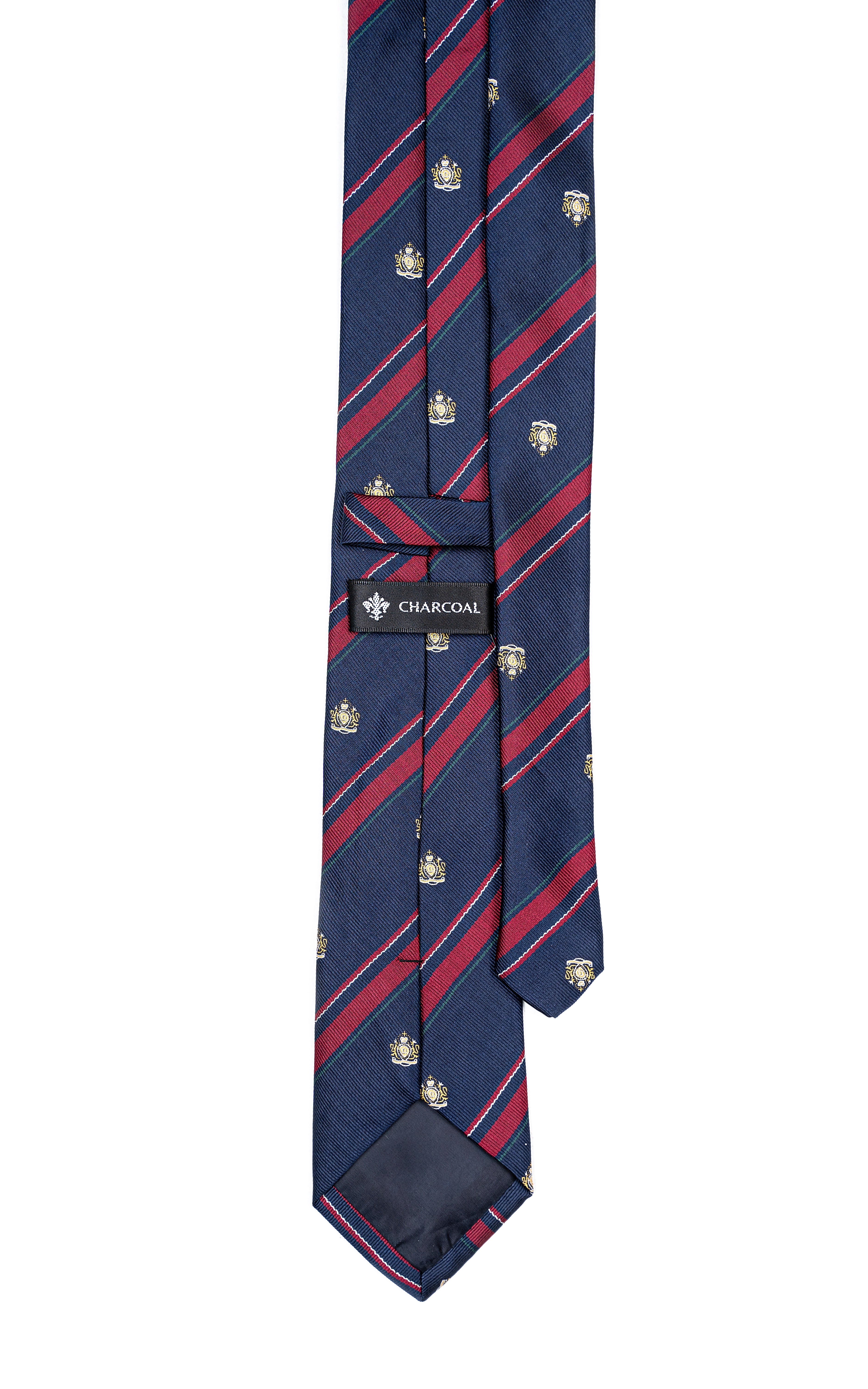 Navy tie with red diagonal stripes and gold emblem pattern, pointed tip