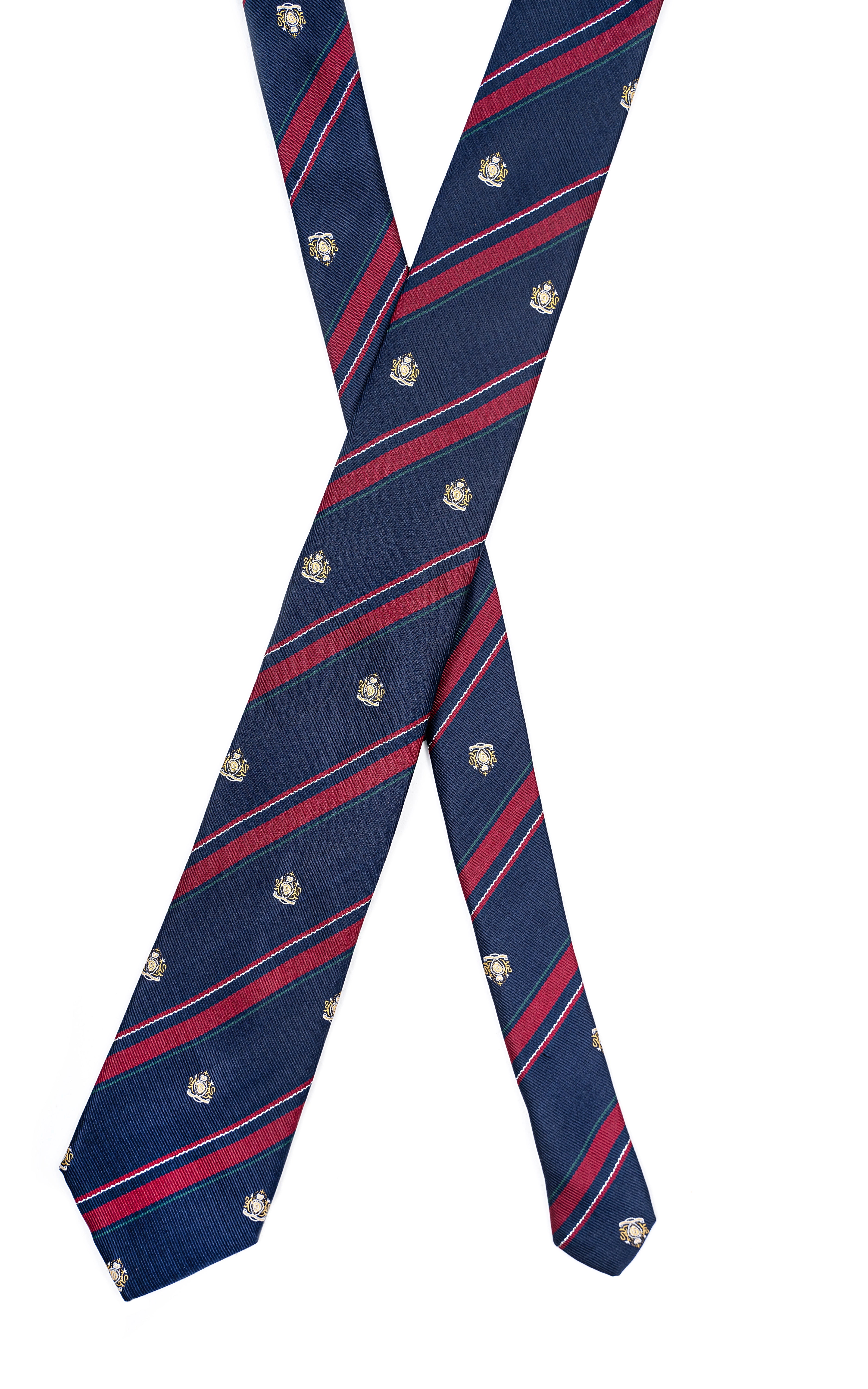Navy striped tie with red diagonal bands and gold emblem motifs, angled view