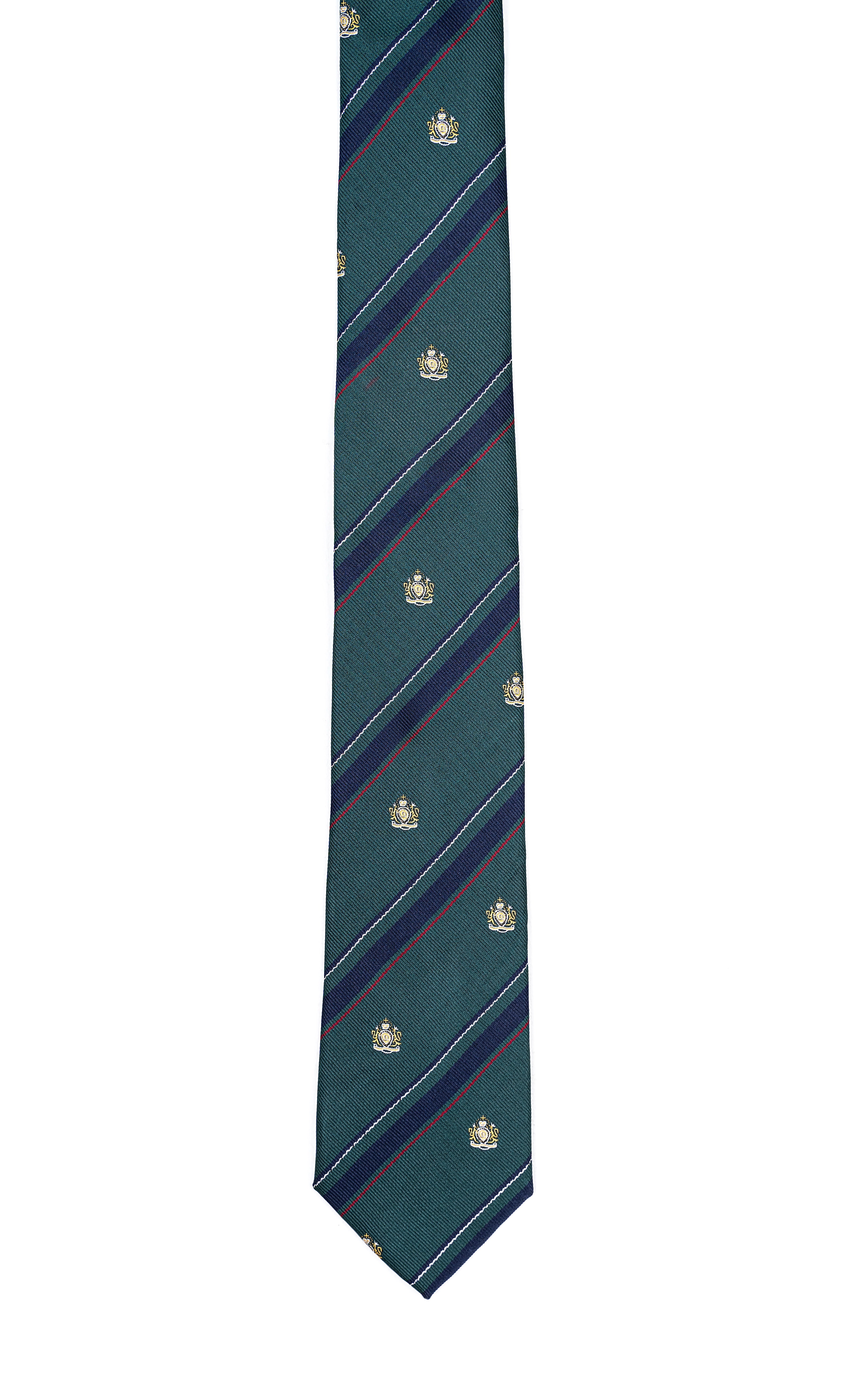 Teal striped necktie with navy diagonal lines and small gold motifs