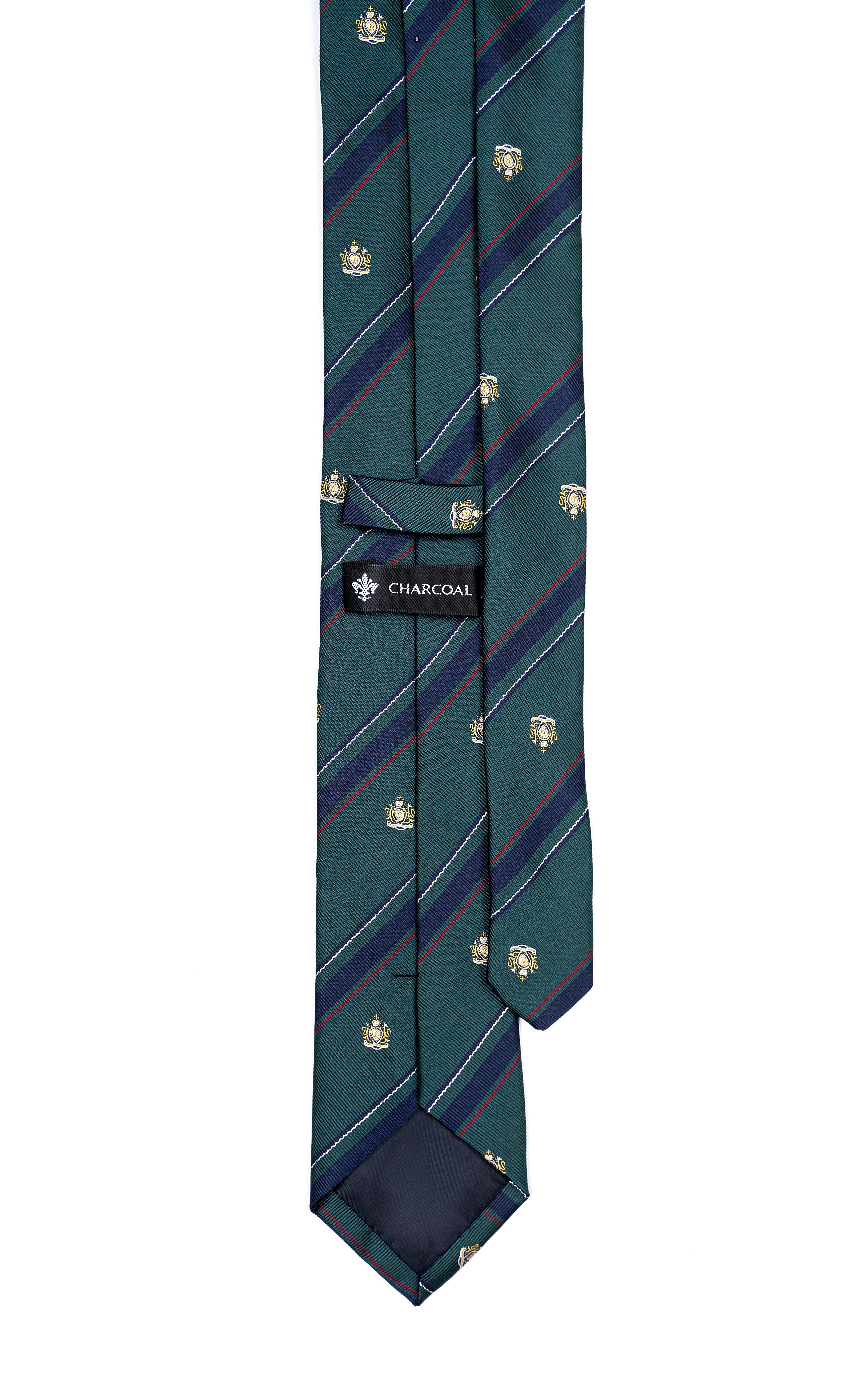 Teal striped necktie with navy diagonal lines, gold motifs, and charcoal label