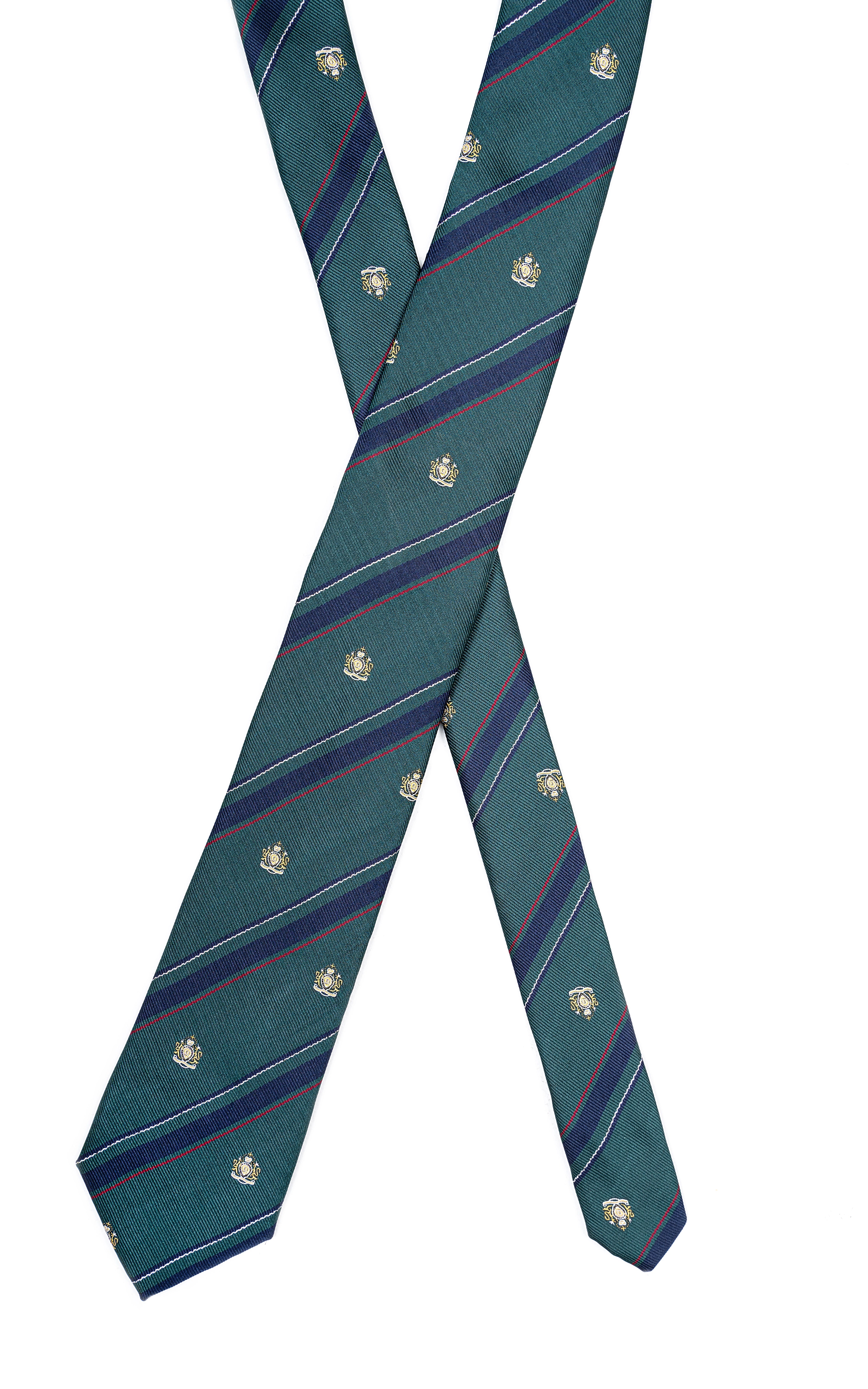 Teal striped necktie with navy diagonal lines and small gold motifs, folded view