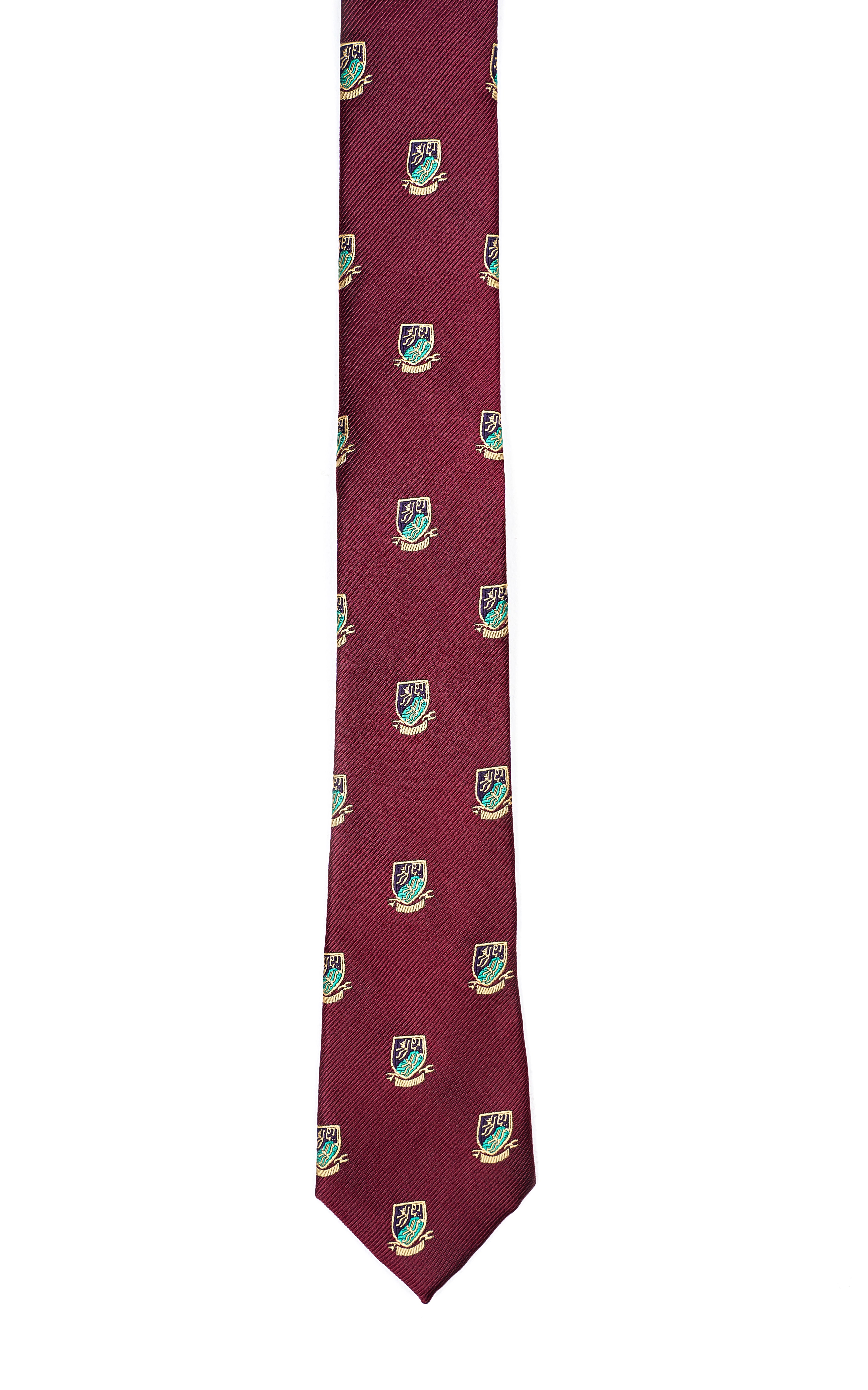 Poly silk tie in maroon with repeating green crest motifs, narrow pointed end