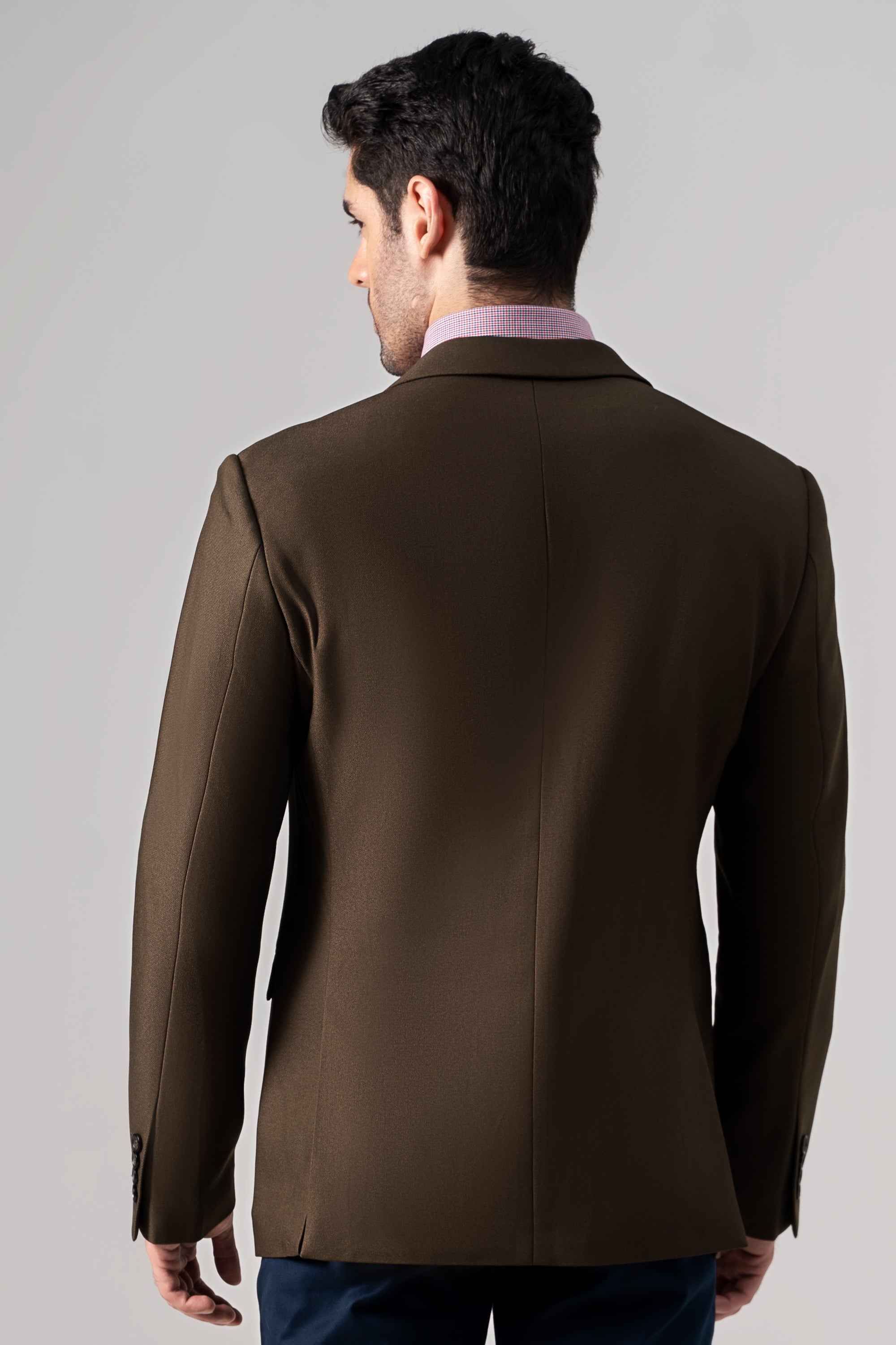 Olive casual coat for men, back view, straight hem and tailored seams