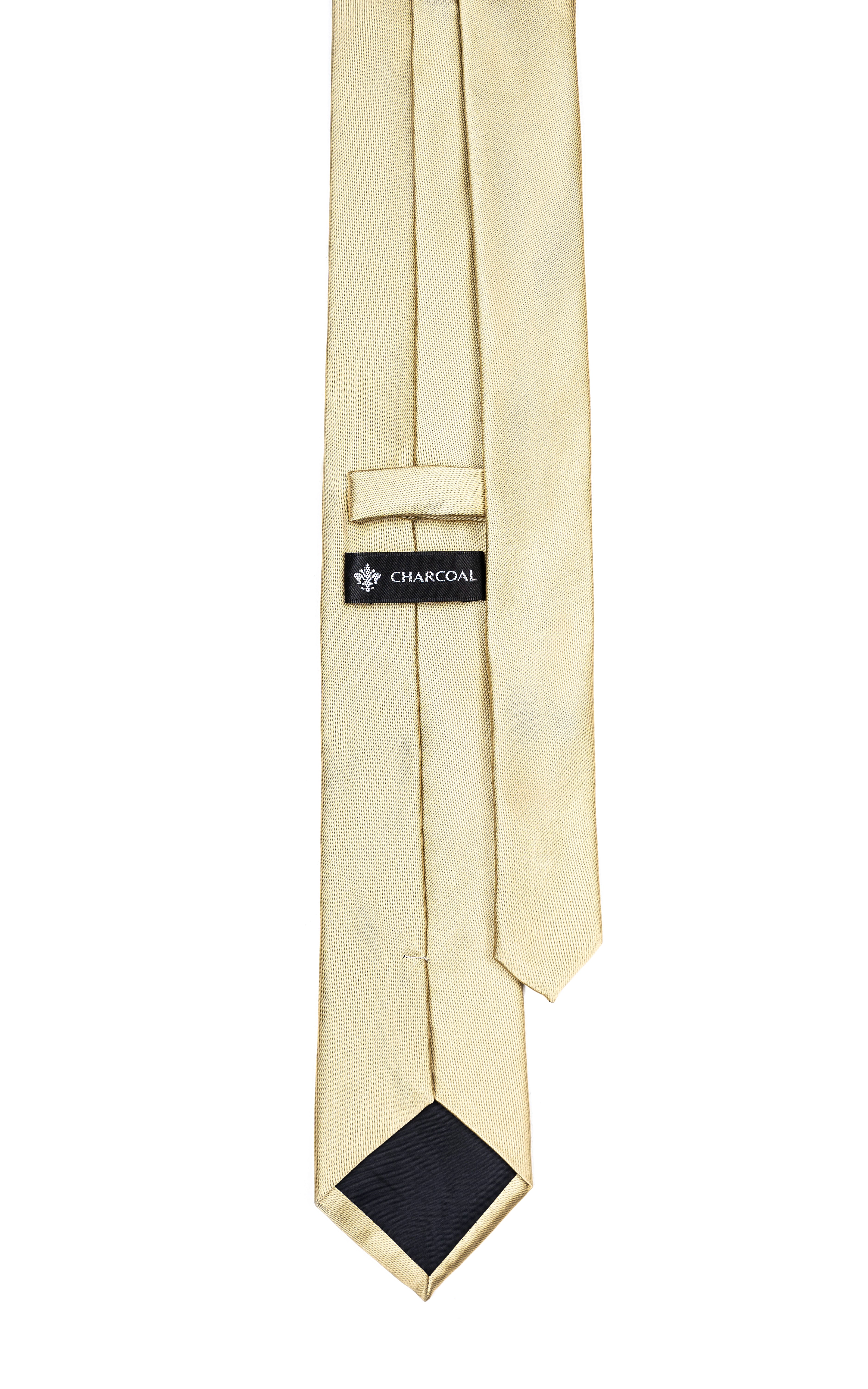 Poly silk tie with light cream fabric and charcoal keeper tab at end.