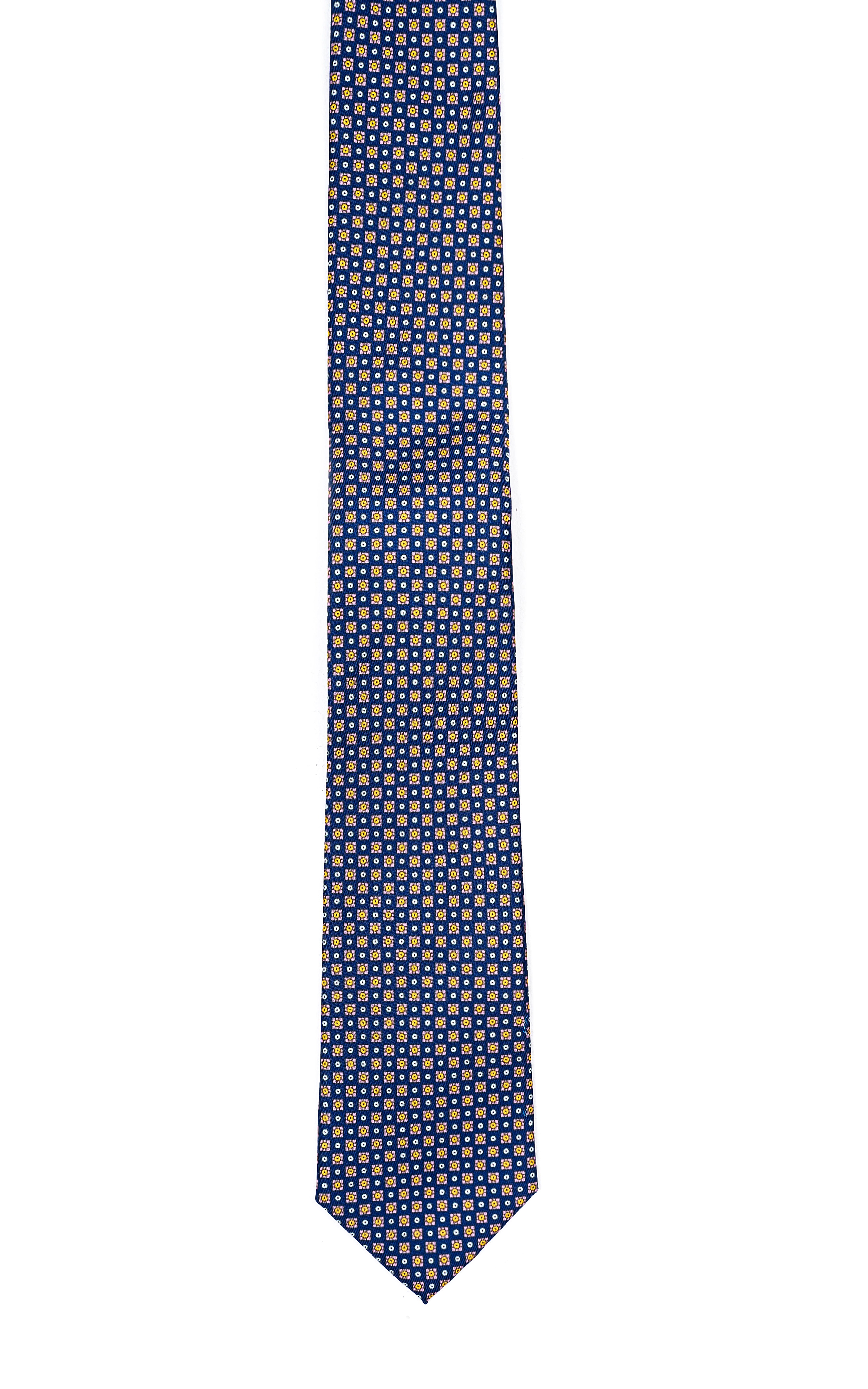 Necktie in navy with micro-pattern, hanging with pointed tip