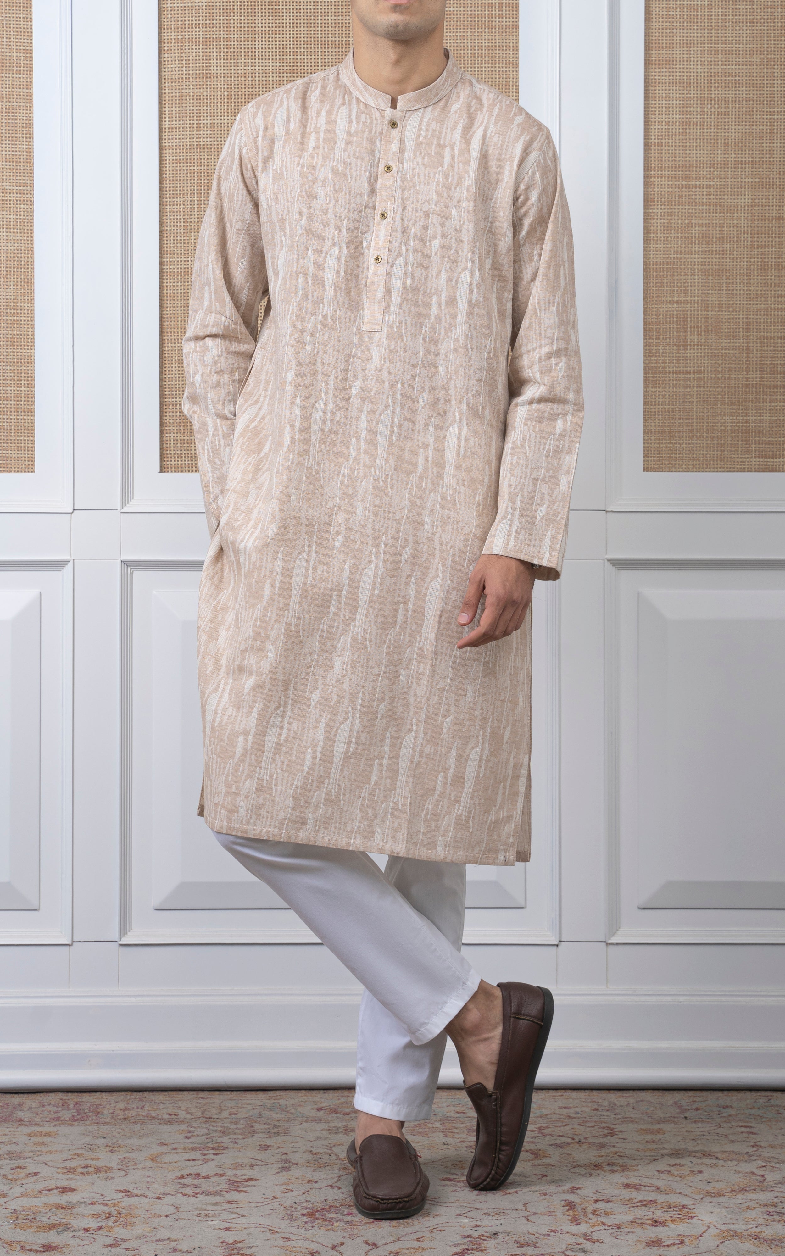 JACQUARD COTTON KURTA - SIGNATURE COLLECTION BEIGE WHITE