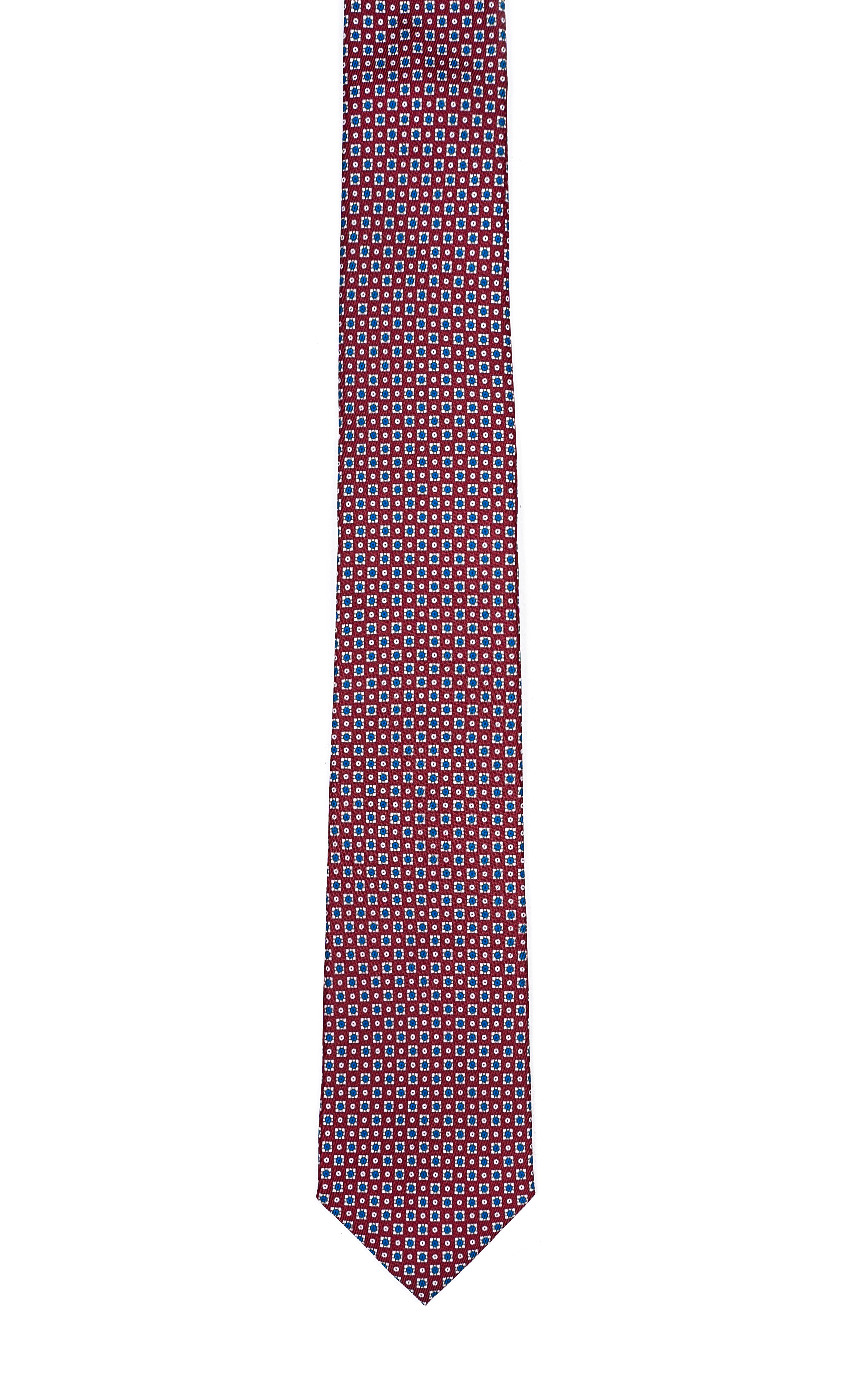 Geometric-pattern poly-silk tie, dark blue with red and light dot squares