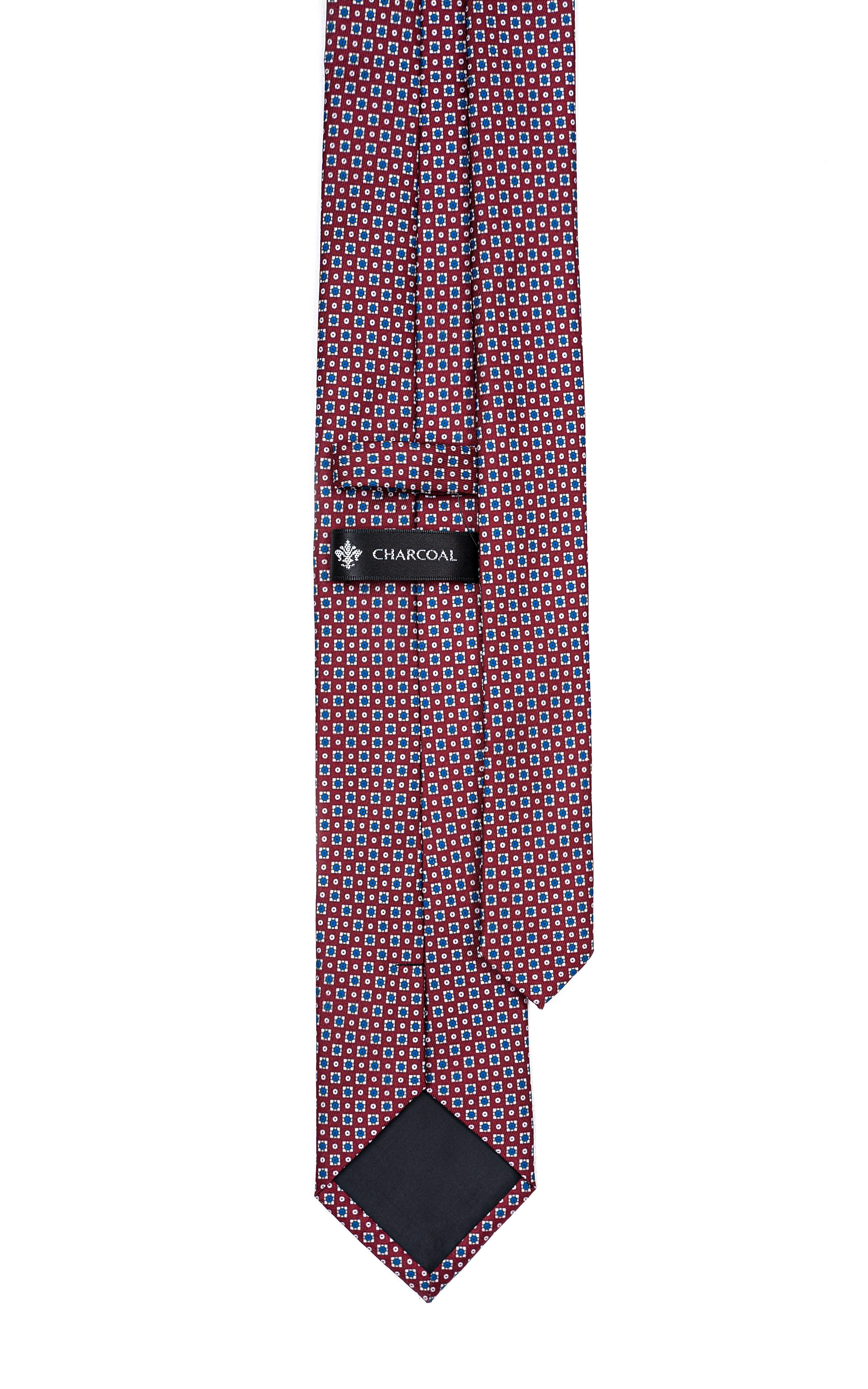 Poly-silk tie with geometric grid pattern, dark blue with red and light dots