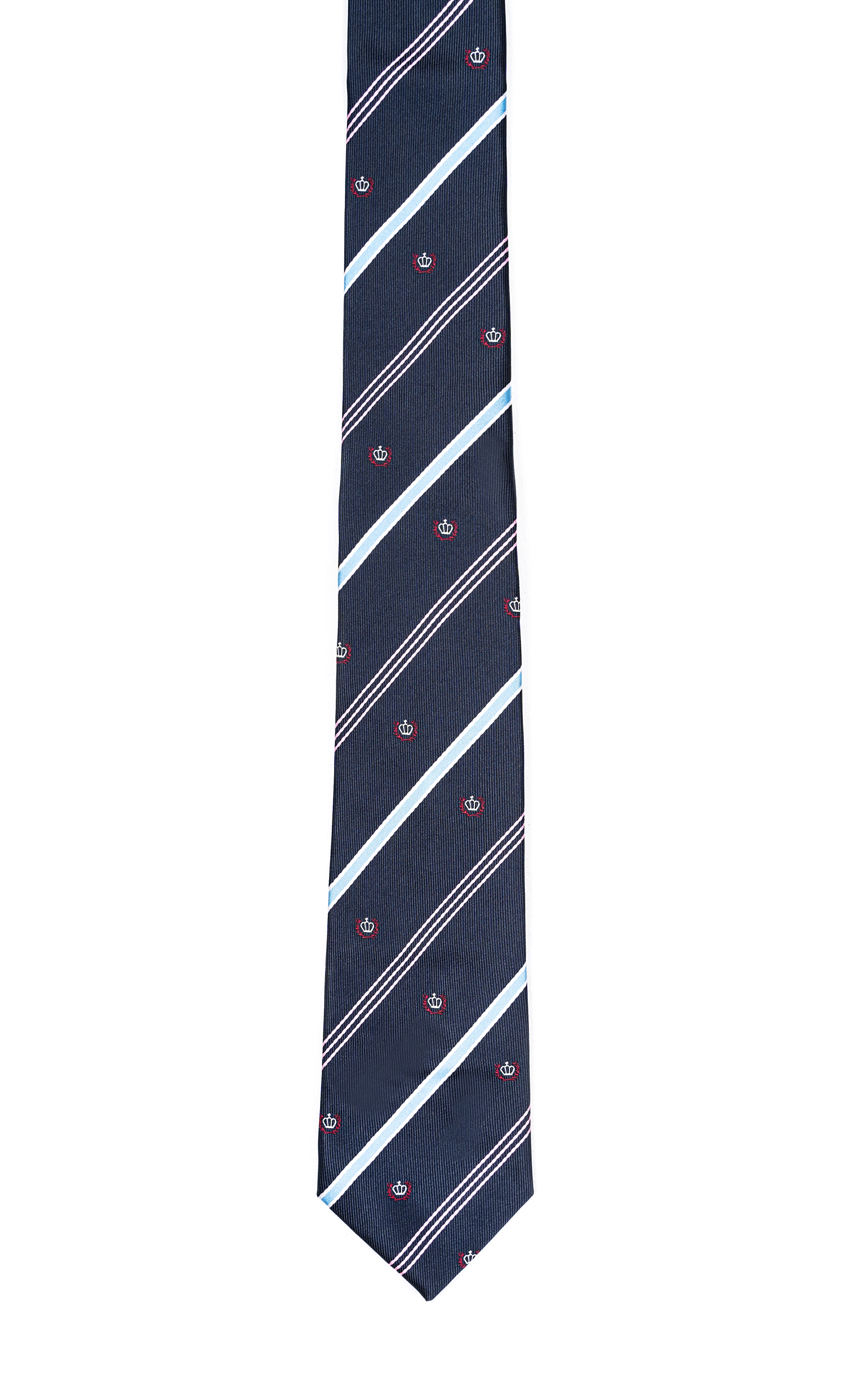 Poly silk tie in dark navy with light blue diagonal stripes and red motif pattern